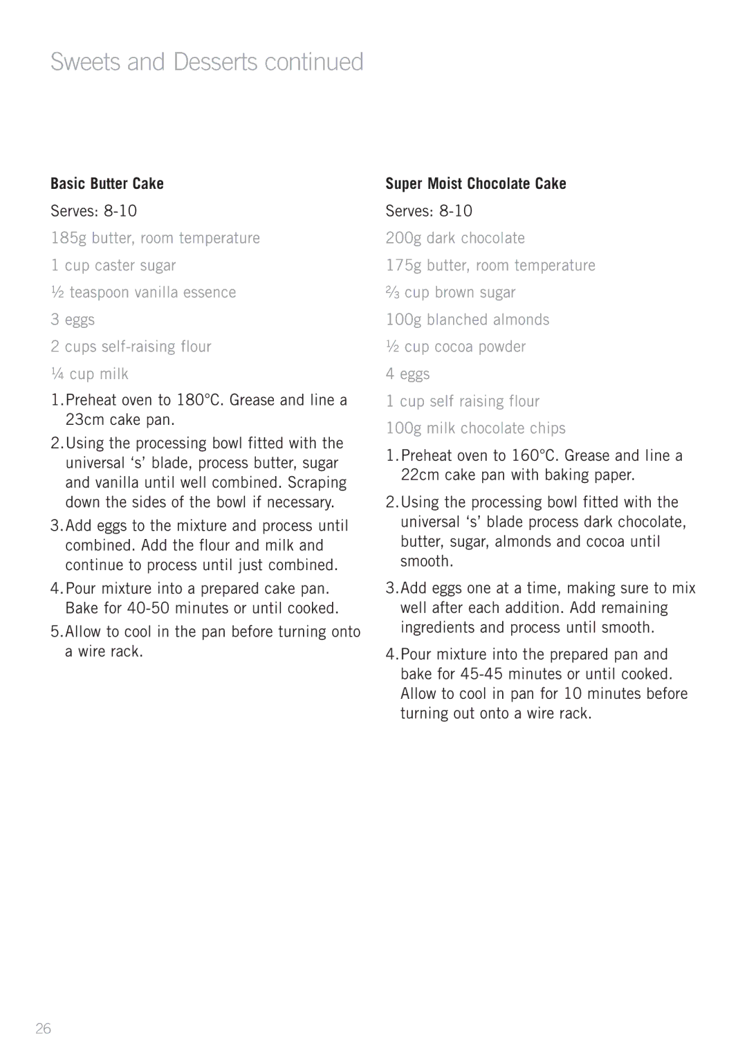 Sunbeam LC7900 manual Basic Butter Cake, Preheat oven to 180C. Grease and line a 23cm cake pan, Super Moist Chocolate Cake 