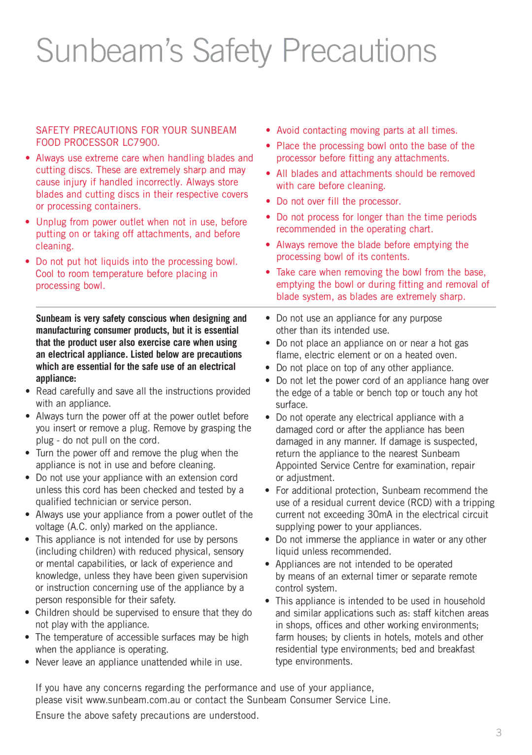 Sunbeam manual Sunbeam’s Safety Precautions, Food Processor LC7900 