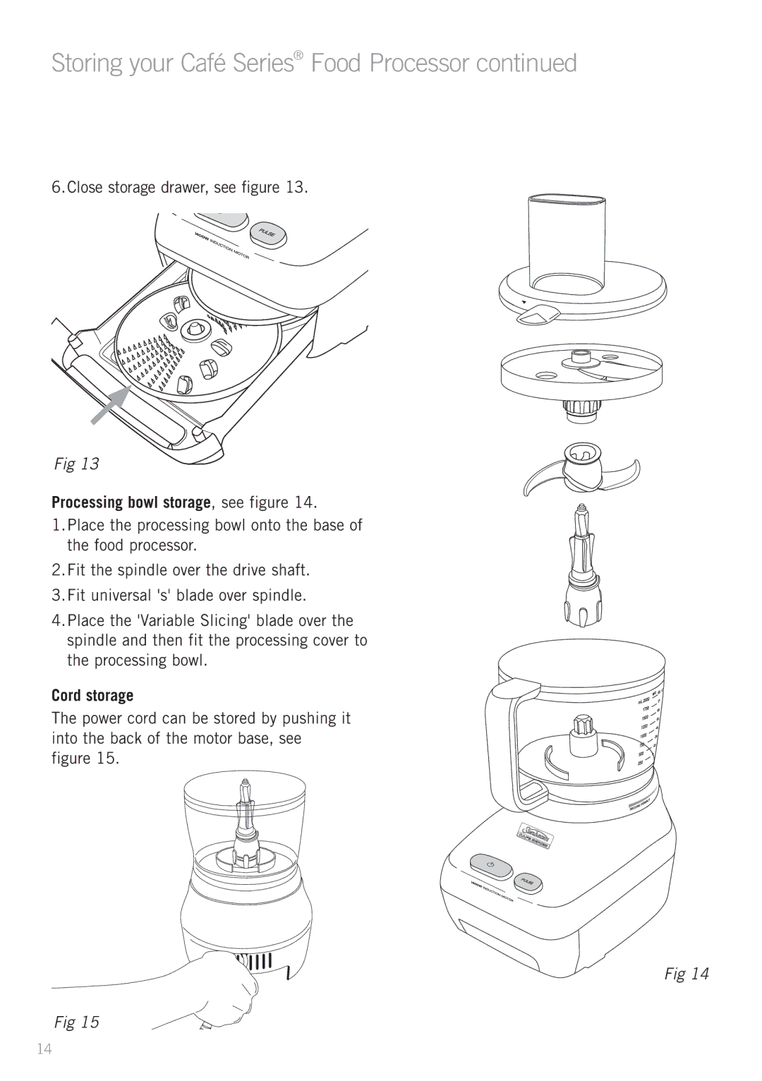 Sunbeam LC8900 manual Close storage drawer, see figure, Processing bowl storage, see figure, Cord storage 