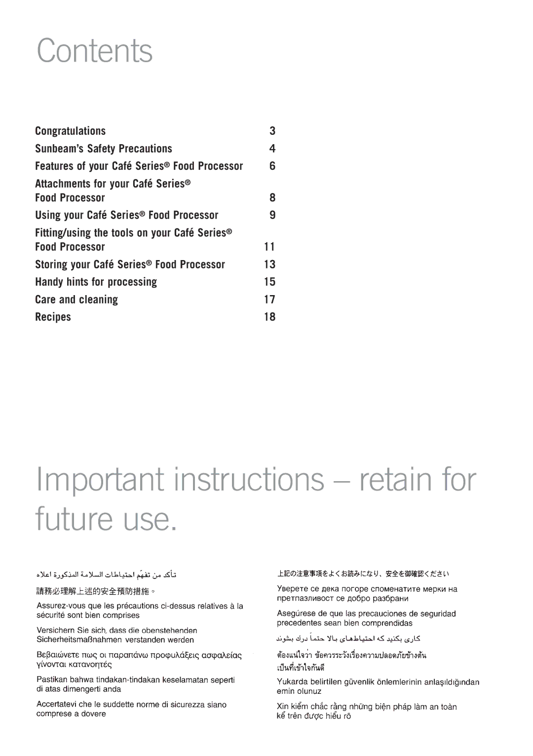 Sunbeam LC8900 manual Contents, Important instructions retain for future use 