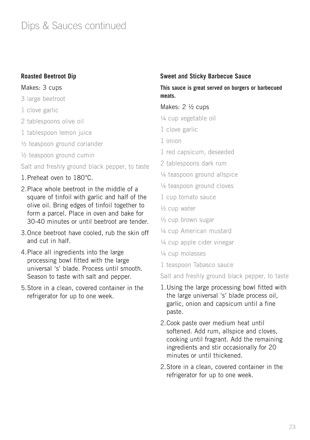 Sunbeam LC9000 manual Roasted Beetroot Dip, Preheat oven to 180C, Sweet and Sticky Barbecue Sauce 