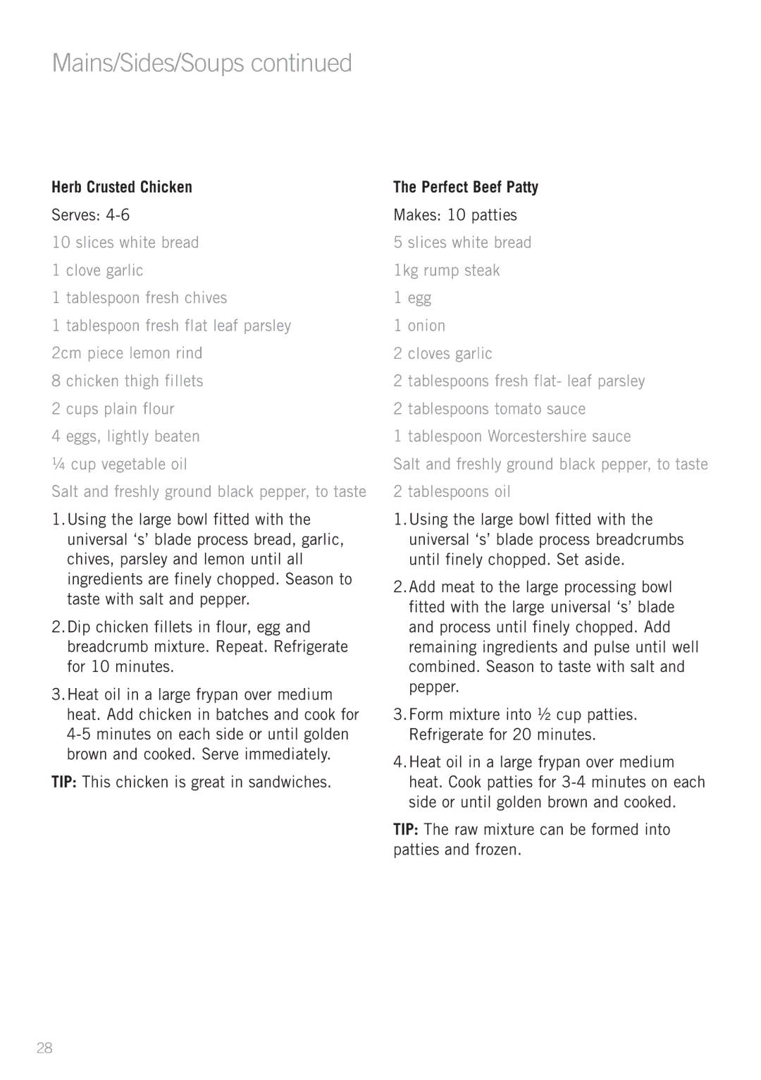 Sunbeam LC9000 manual Mains/Sides/Soups, Herb Crusted Chicken, Perfect Beef Patty 