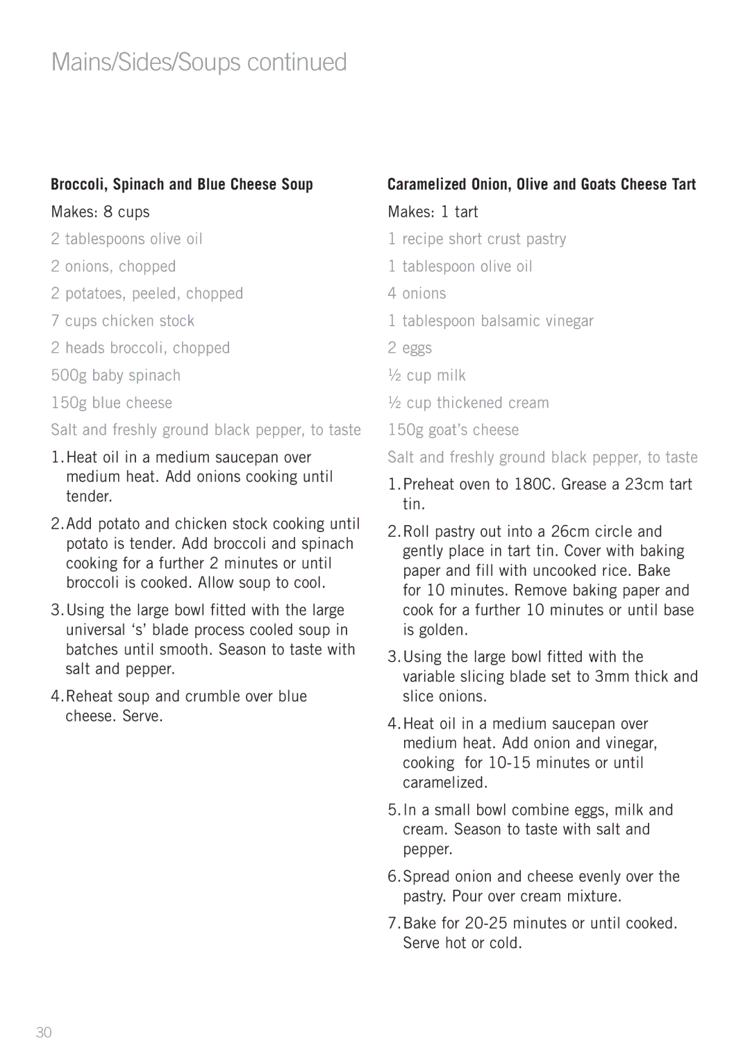 Sunbeam LC9000 manual Broccoli, Spinach and Blue Cheese Soup, Makes 8 cups, Makes 1 tart 