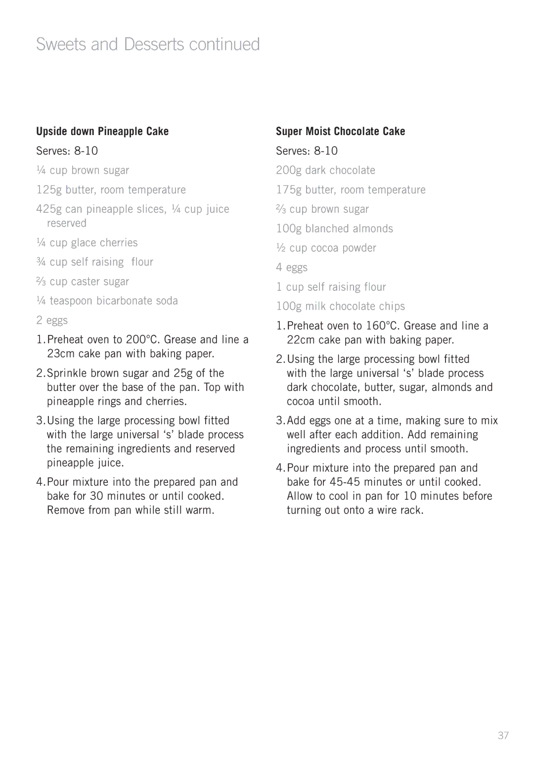 Sunbeam LC9000 manual Upside down Pineapple Cake, Remove from pan while still warm, Super Moist Chocolate Cake 