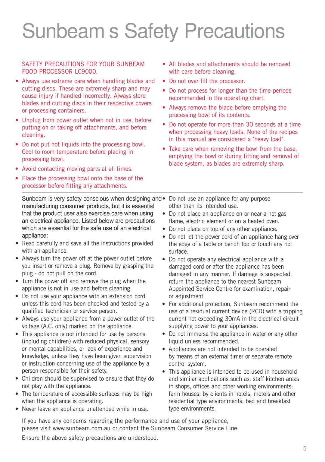Sunbeam manual Sunbeam’s Safety Precautions, Food Processor LC9000 
