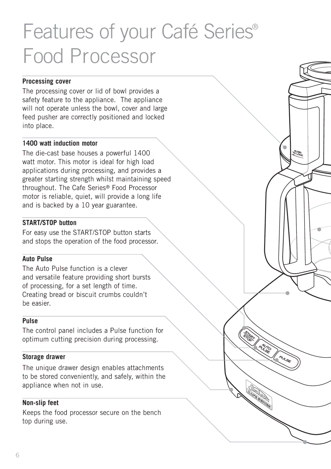 Sunbeam LC9000 manual Features of your Café Series Food Processor 