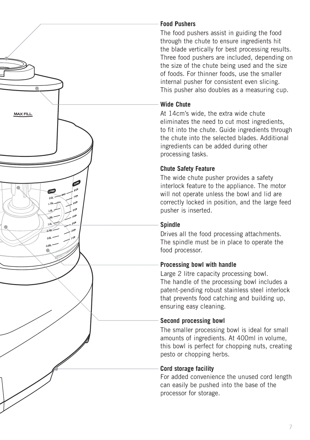 Sunbeam LC9000 Food Pushers, Wide Chute, Chute Safety Feature, Spindle, Processing bowl with handle, Cord storage facility 