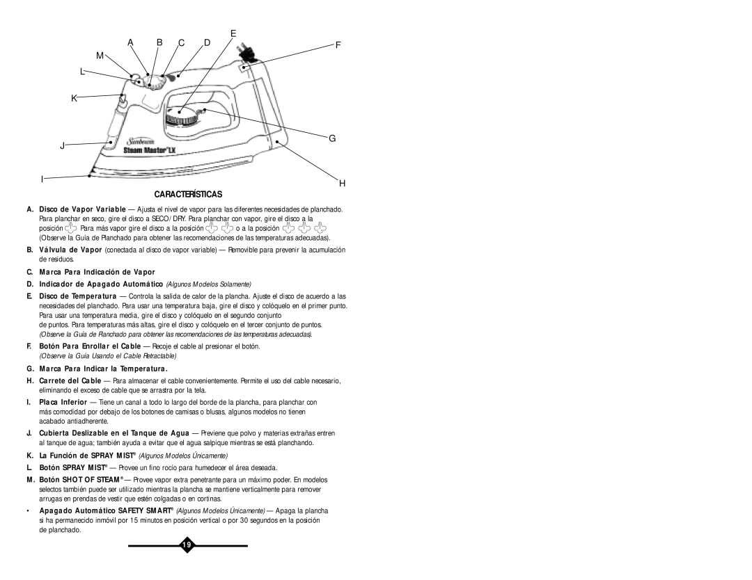 Sunbeam LX instruction manual Características, Marca Para Indicar la Temperatura 