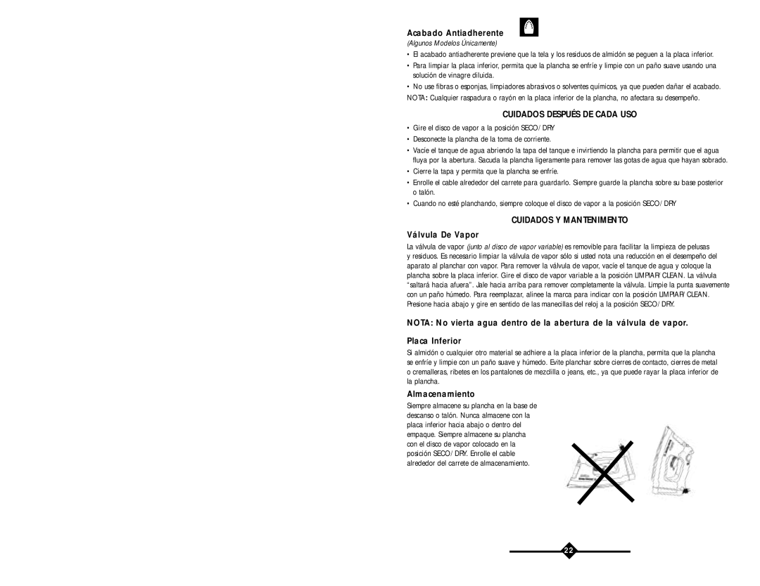 Sunbeam LX Cuidados Después DE Cada USO, Cuidados Y Mantenimento, Acabado Antiadherente, Válvula De Vapor, Almacenamiento 