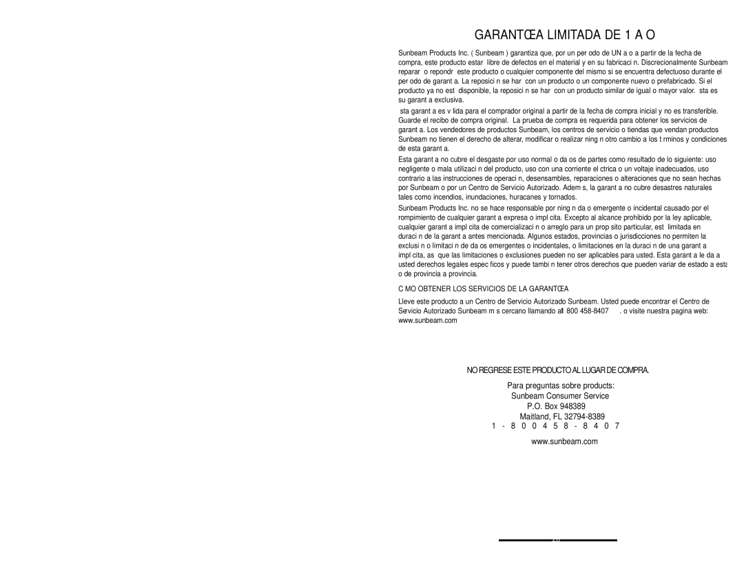 Sunbeam LX instruction manual Garantía Limitada DE 1 AÑO, No Regrese Este Producto AL Lugar DE Compra 