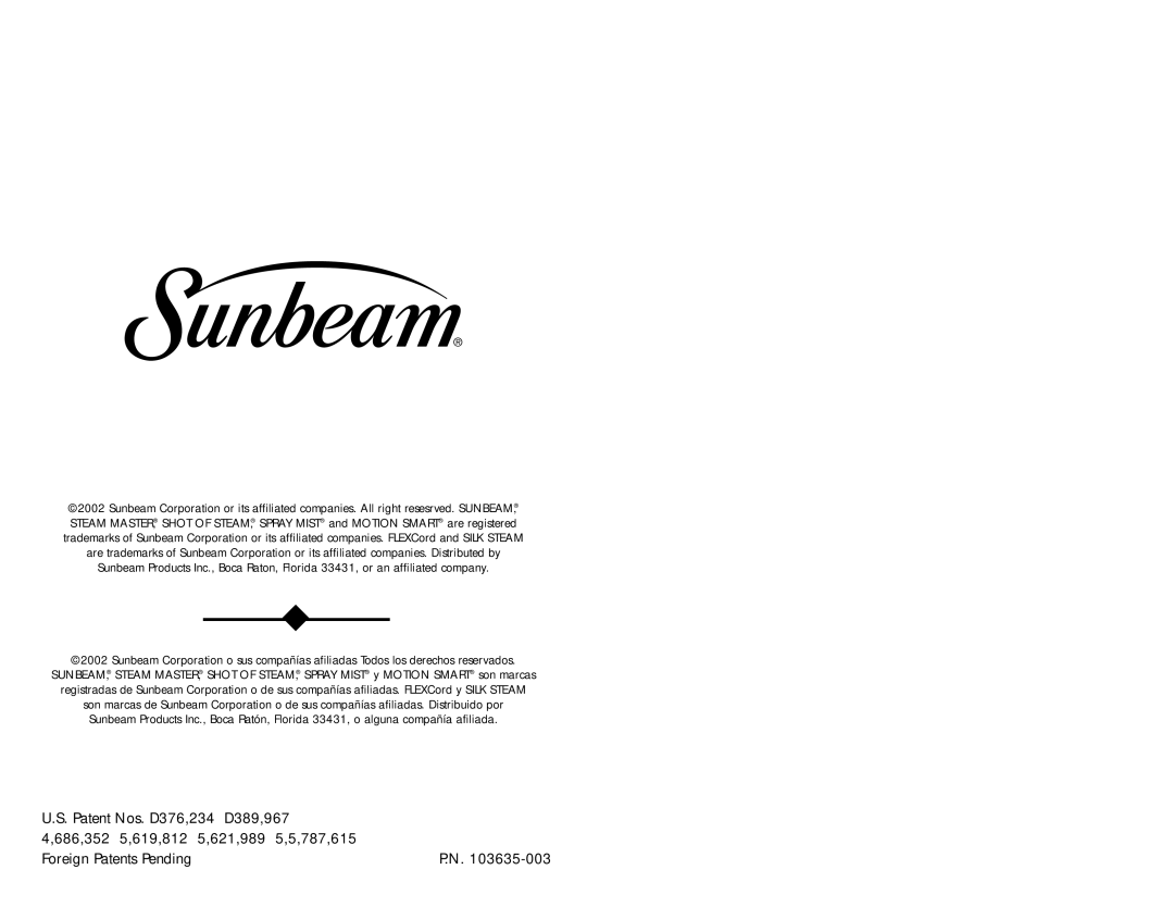 Sunbeam LX instruction manual Foreign Patents Pending 