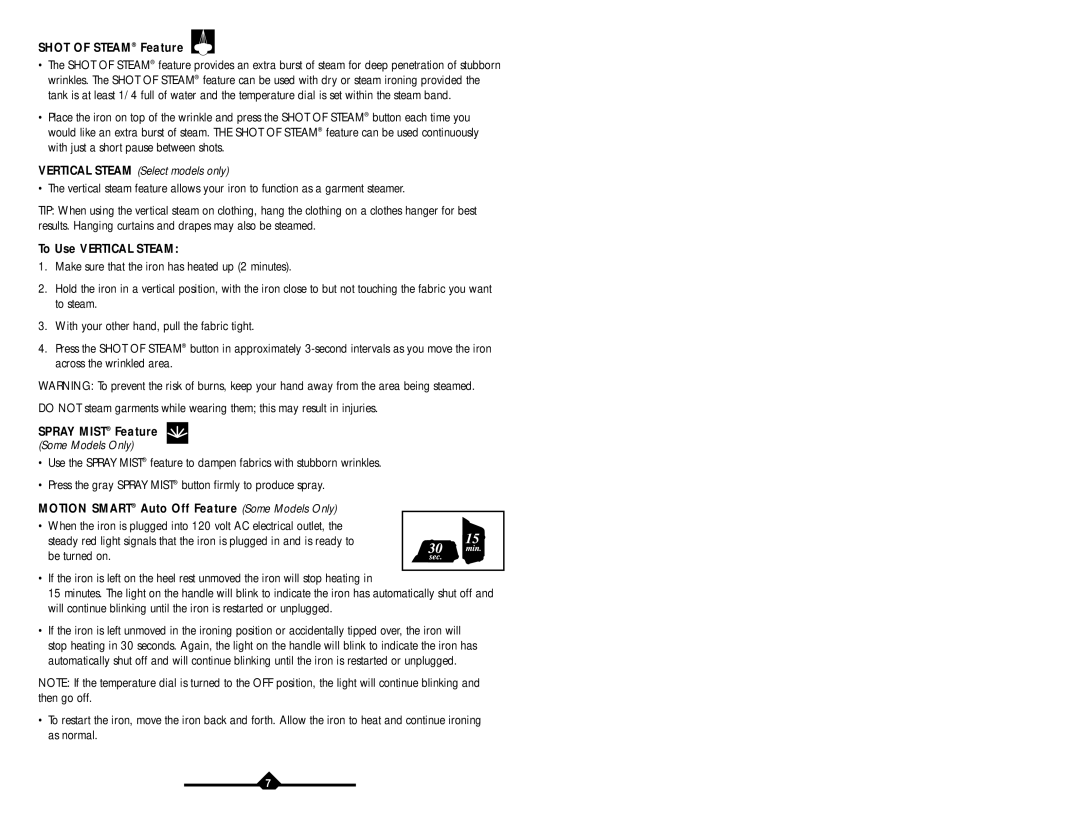 Sunbeam LX instruction manual Shot of Steam Feature, To Use Vertical Steam, Spray Mist Feature 