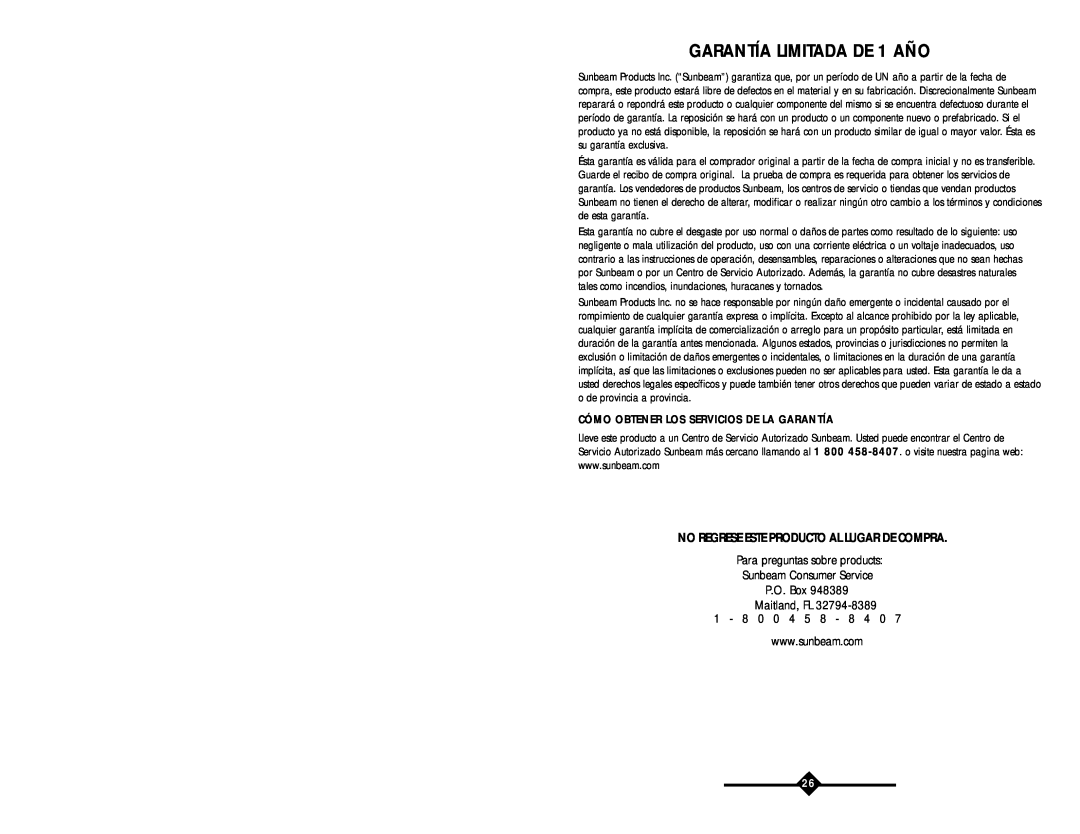 Sunbeam LX instruction manual GARANTÍA LIMITADA DE 1 AÑO, No Regrese Este Producto Al Lugar De Compra 