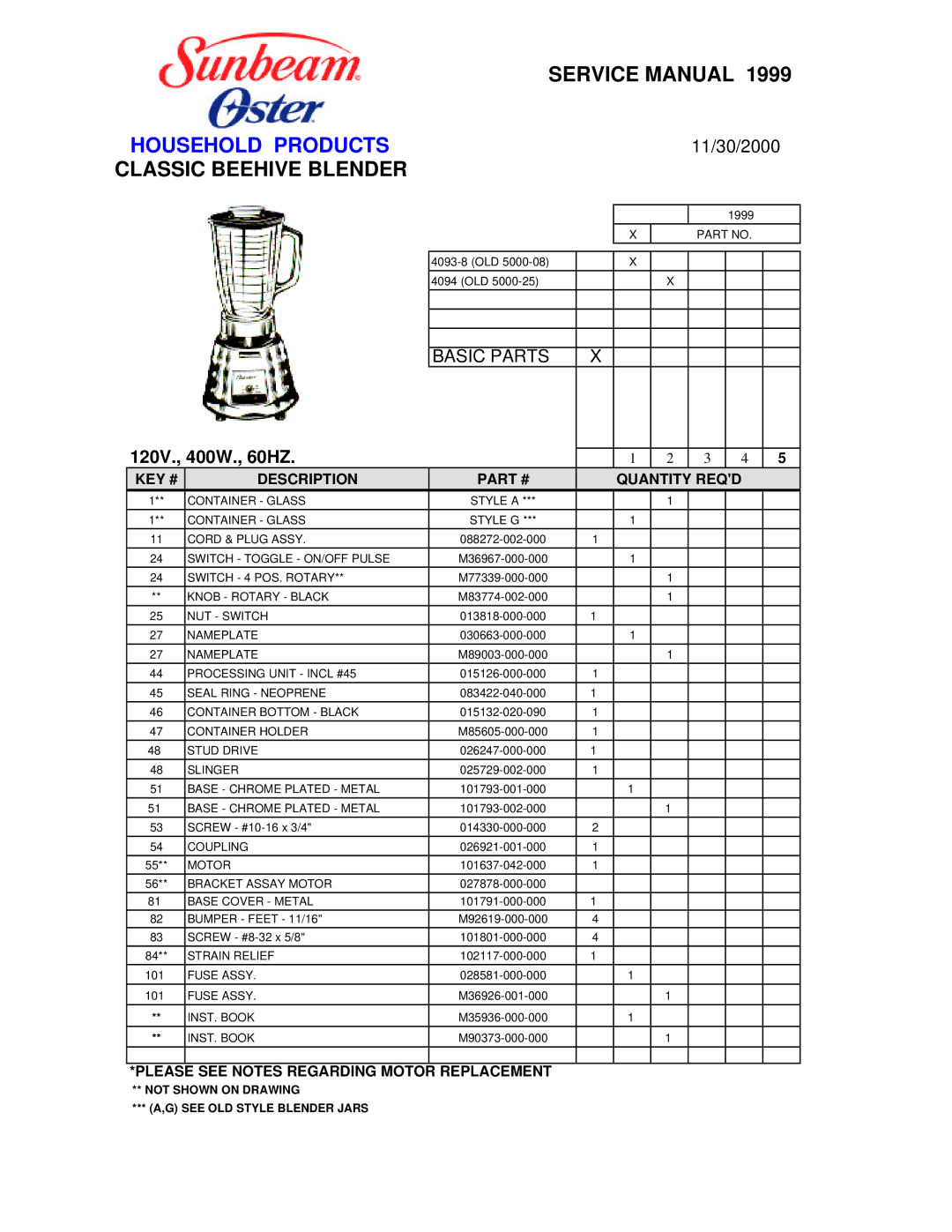 Sunbeam M98111-000-000 service manual Household Products, Classic Beehive Blender, 120V., 400W., 60HZ 