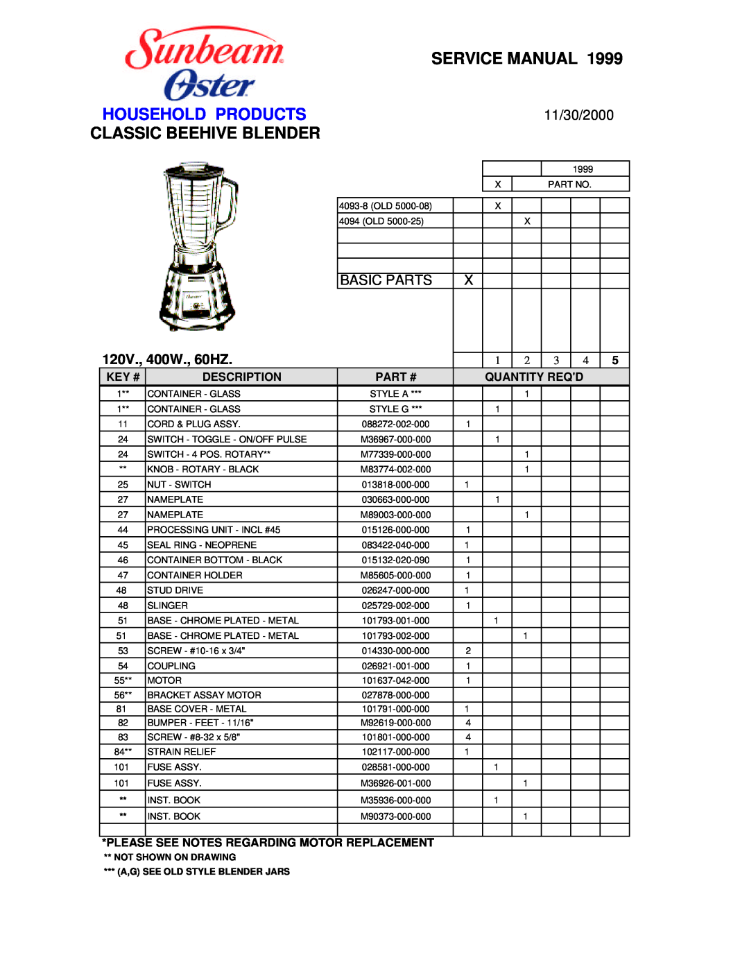 Sunbeam M98111-000-000 service manual 11/30/2000, Basic Parts, Service Manual, Household Products, Classic Beehive Blender 