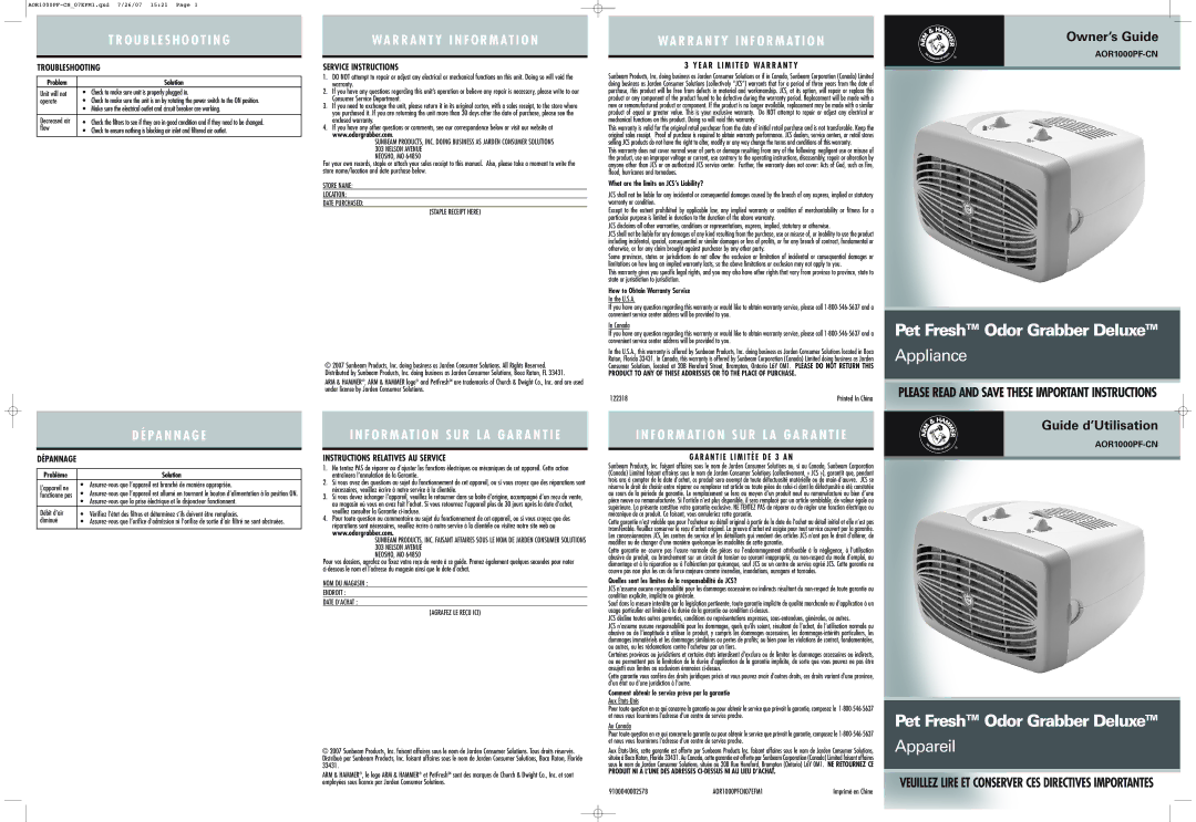 Sunbeam Major Appliances Odor Grabber warranty Neosho, Mo, U.S.A, Aux États-Unis, Au Canada 