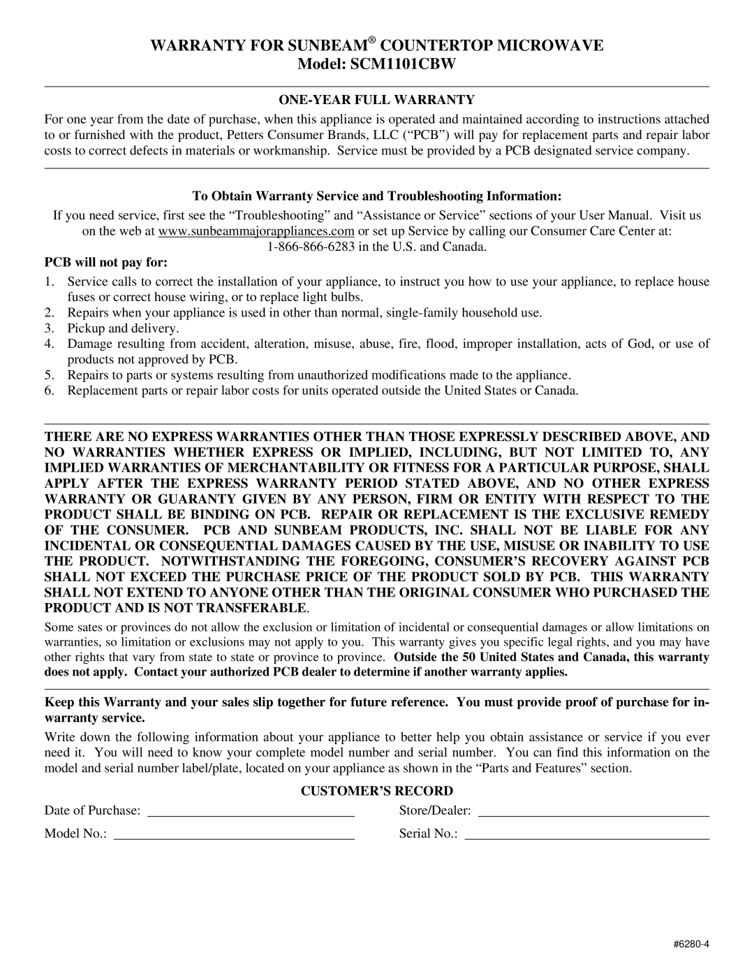 Sunbeam Major Appliances warranty Warranty for Sunbeam Countertop Microwave, Model SCM1101CBW, ONE-YEAR Full Warranty 