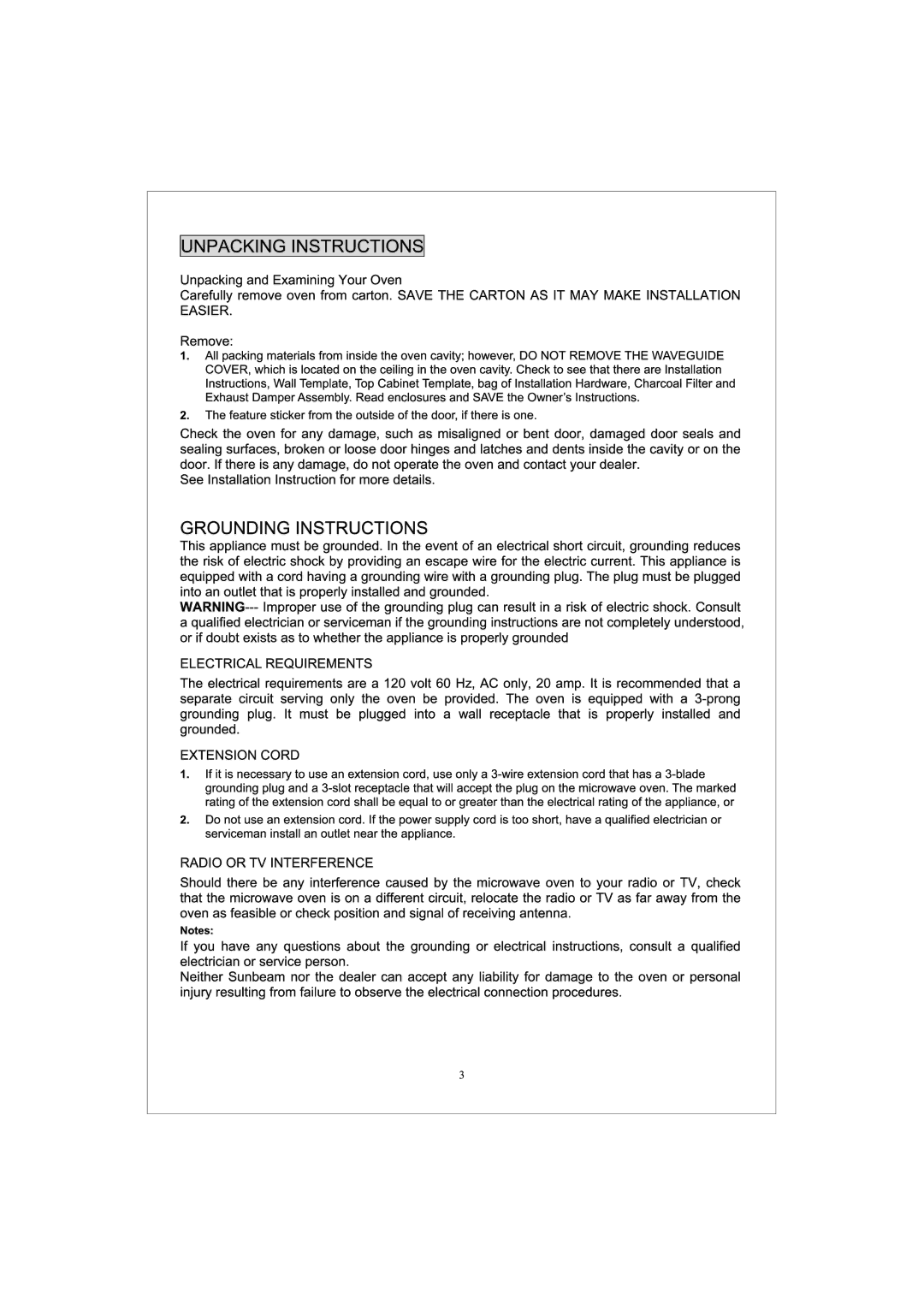 Sunbeam Major Appliances SNM1501RAQ, SNM1501RAW, SNM1501RAB manual 