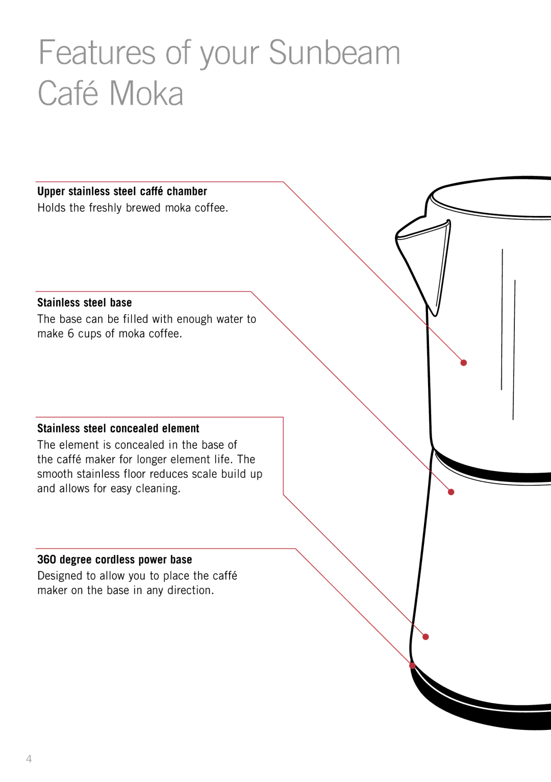 Sunbeam MM8400 manual Features of your Sunbeam Café Moka, Upper stainless steel caffé chamber, Stainless steel base 