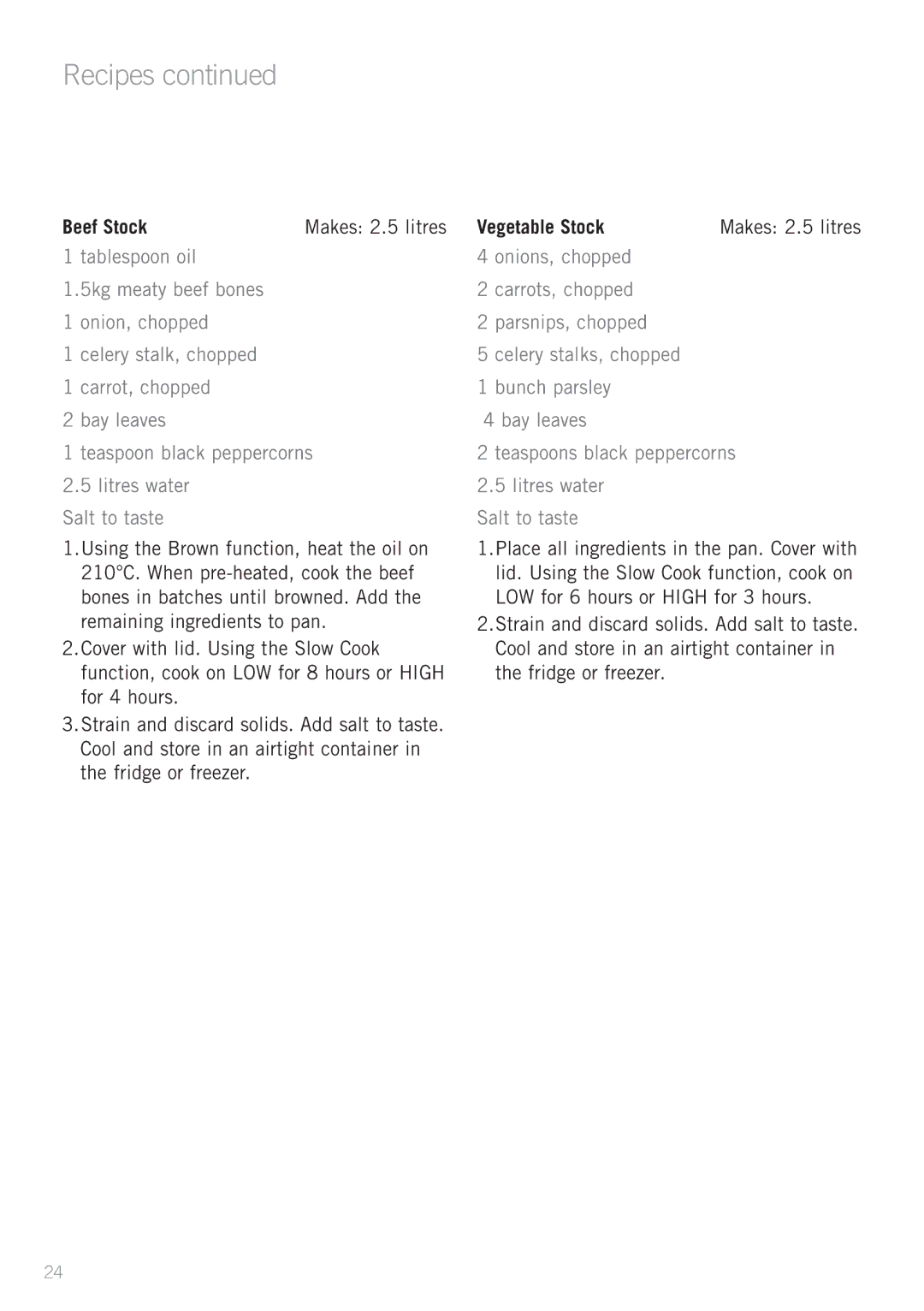 Sunbeam MU2000 manual Beef Stock, Vegetable Stock 