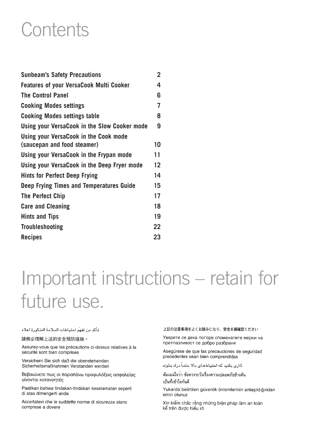 Sunbeam MU2000 manual Contents, Important instructions retain for future use 