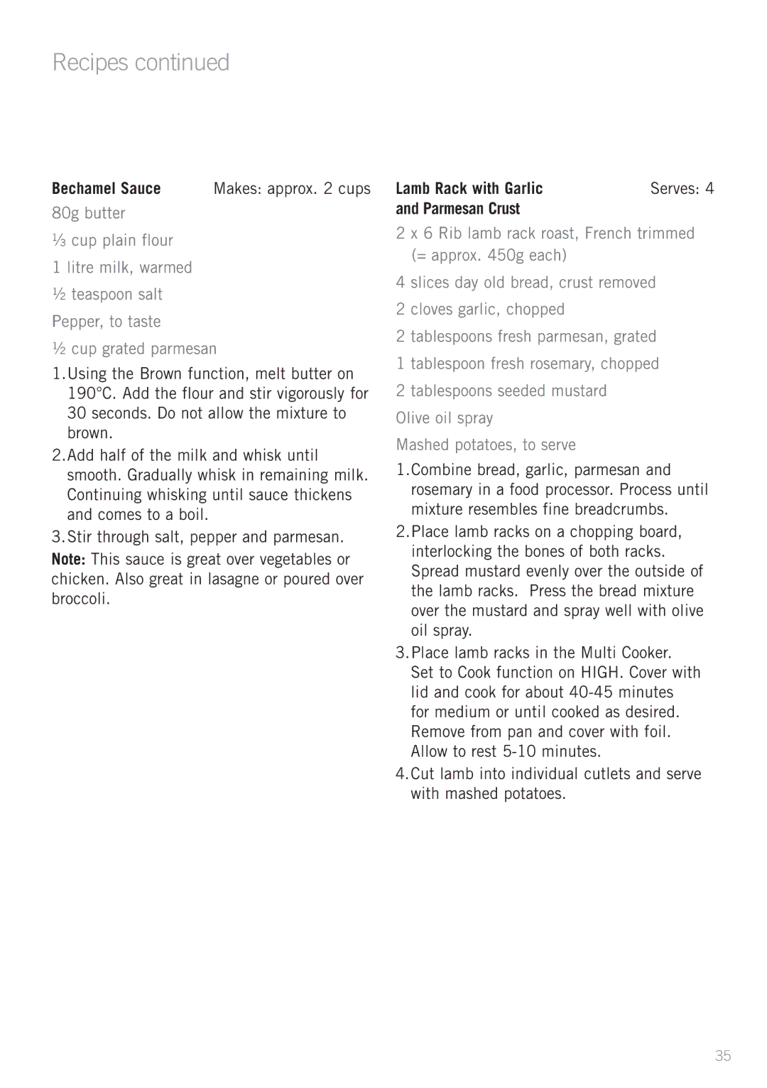 Sunbeam MU2000 Bechamel Sauce, 80g butter ¹⁄ ³ cup plain flour Litre milk, warmed, ½ cup grated parmesan, Parmesan Crust 