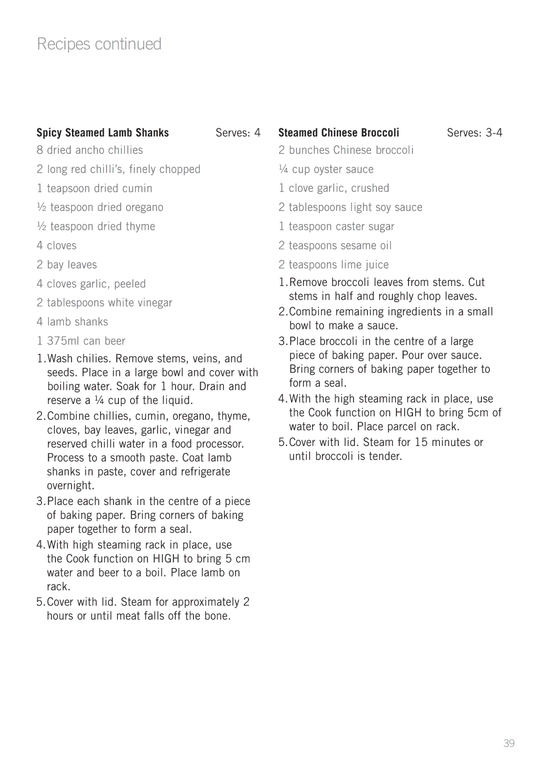 Sunbeam MU2000 manual Spicy Steamed Lamb Shanks, Steamed Chinese Broccoli 