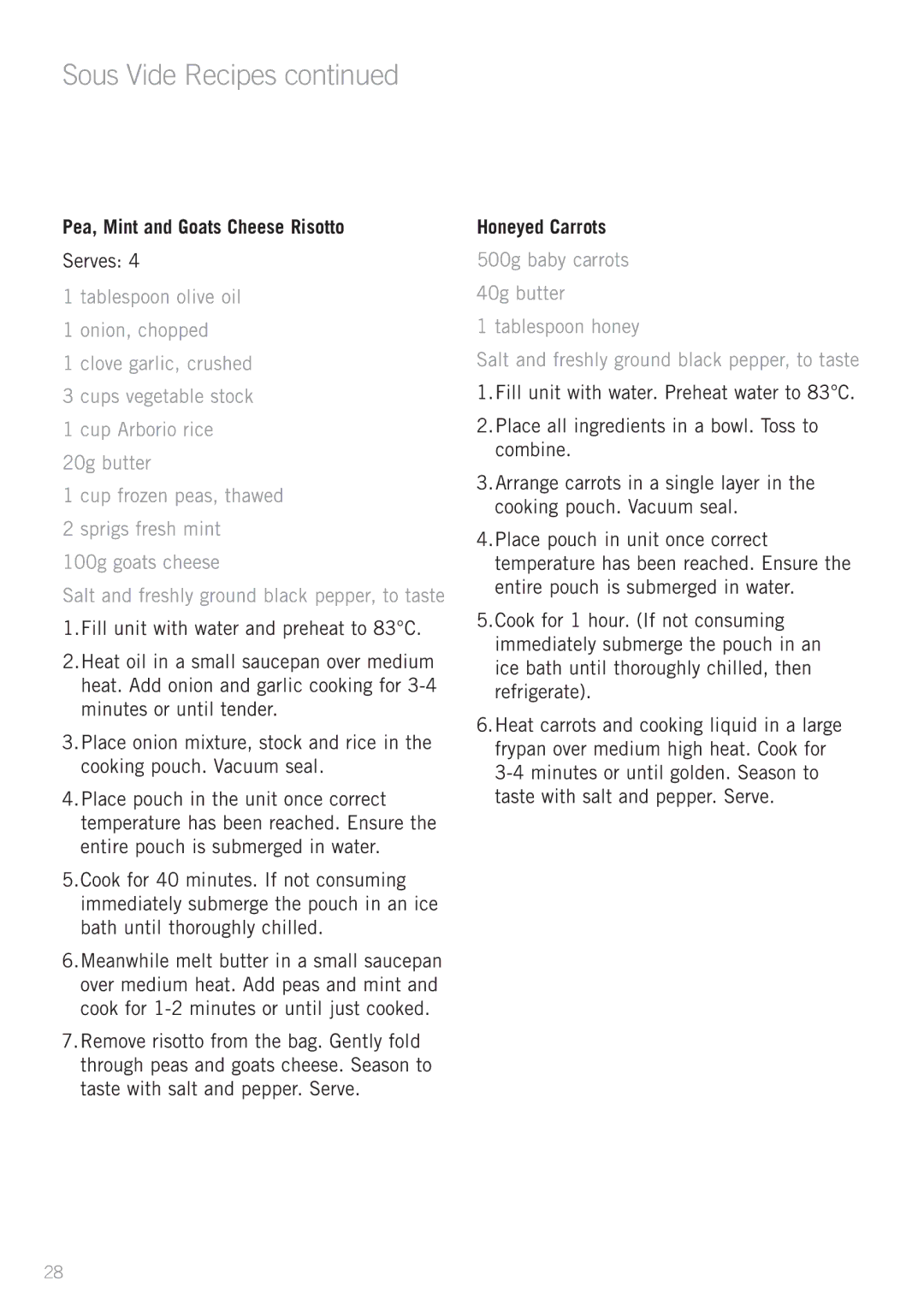 Sunbeam MU4000 manual Pea, Mint and Goats Cheese Risotto, Honeyed Carrots 