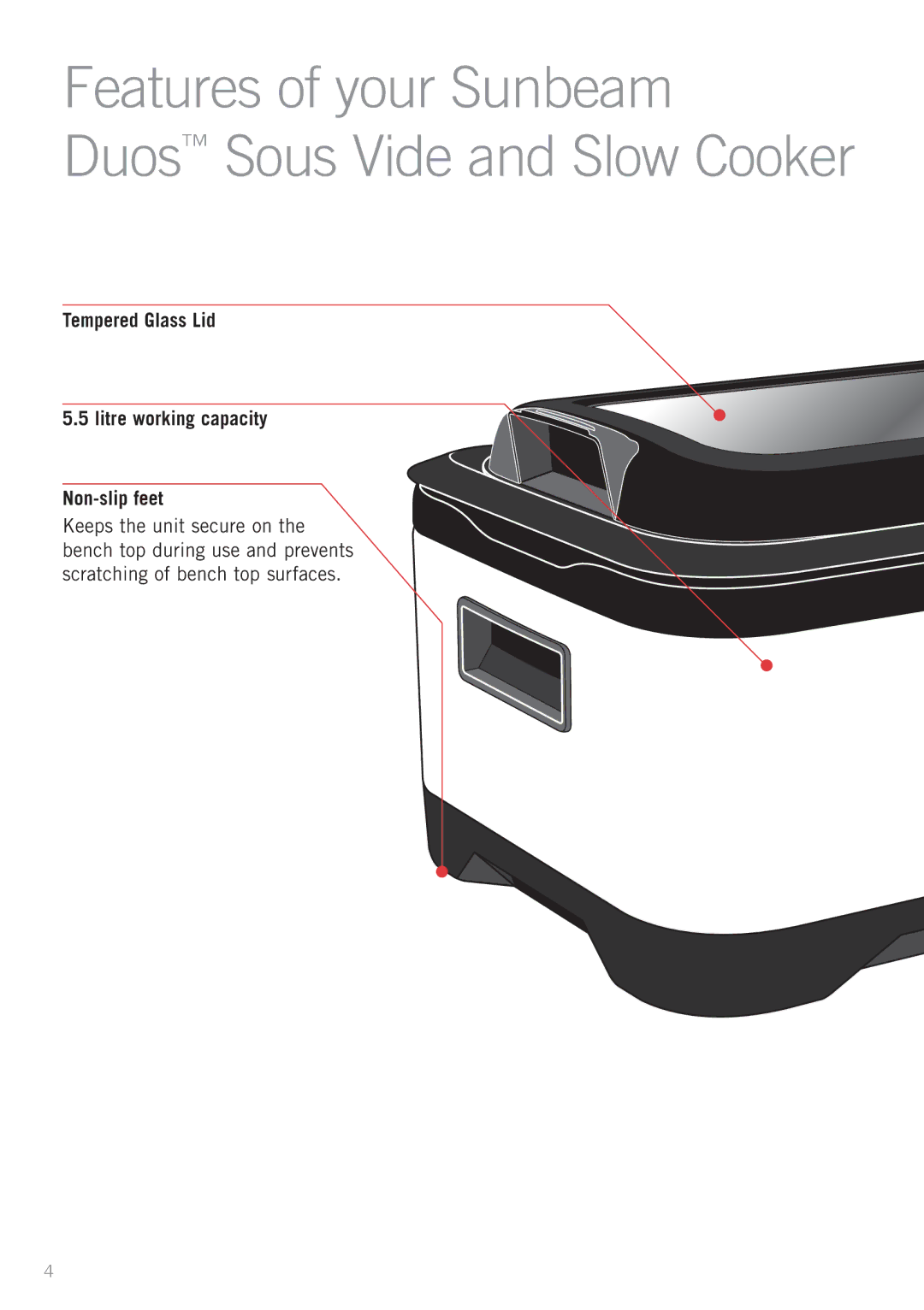 Sunbeam MU4000 manual Features of your Sunbeam, Tempered Glass Lid Litre working capacity Non-slip feet 