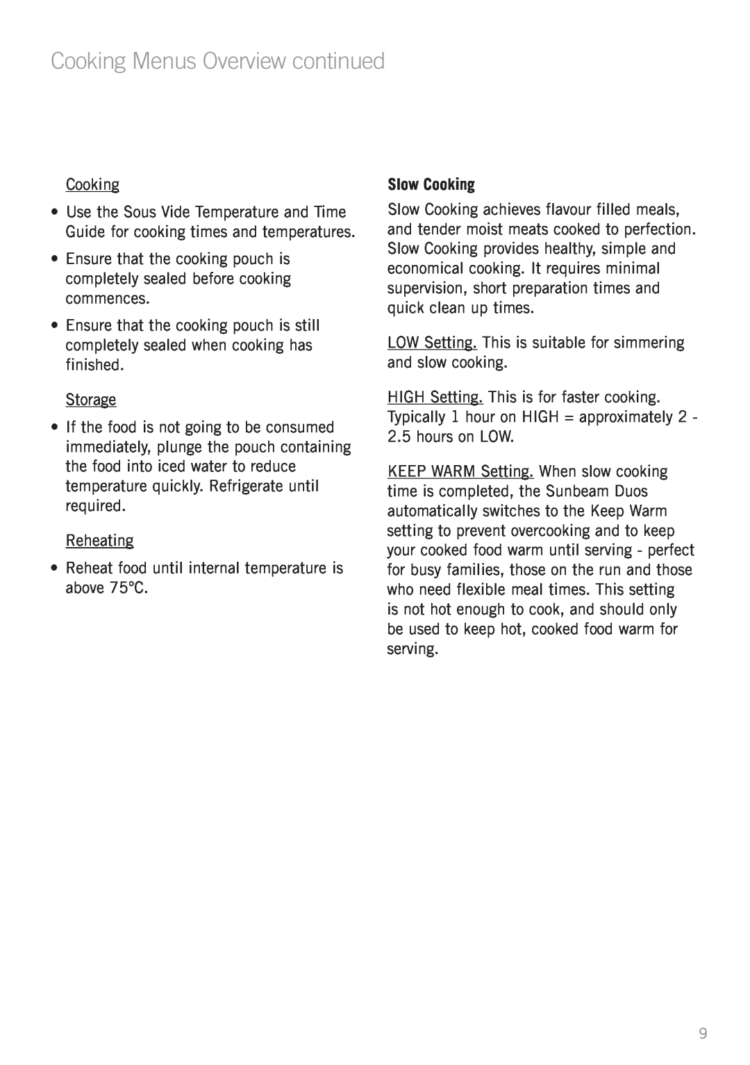 Sunbeam MU4000 manual Cooking Menus Overview continued 