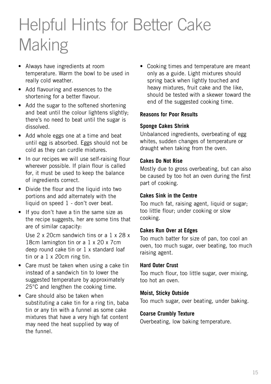 Sunbeam MX001 manual Helpful Hints for Better Cake Making 