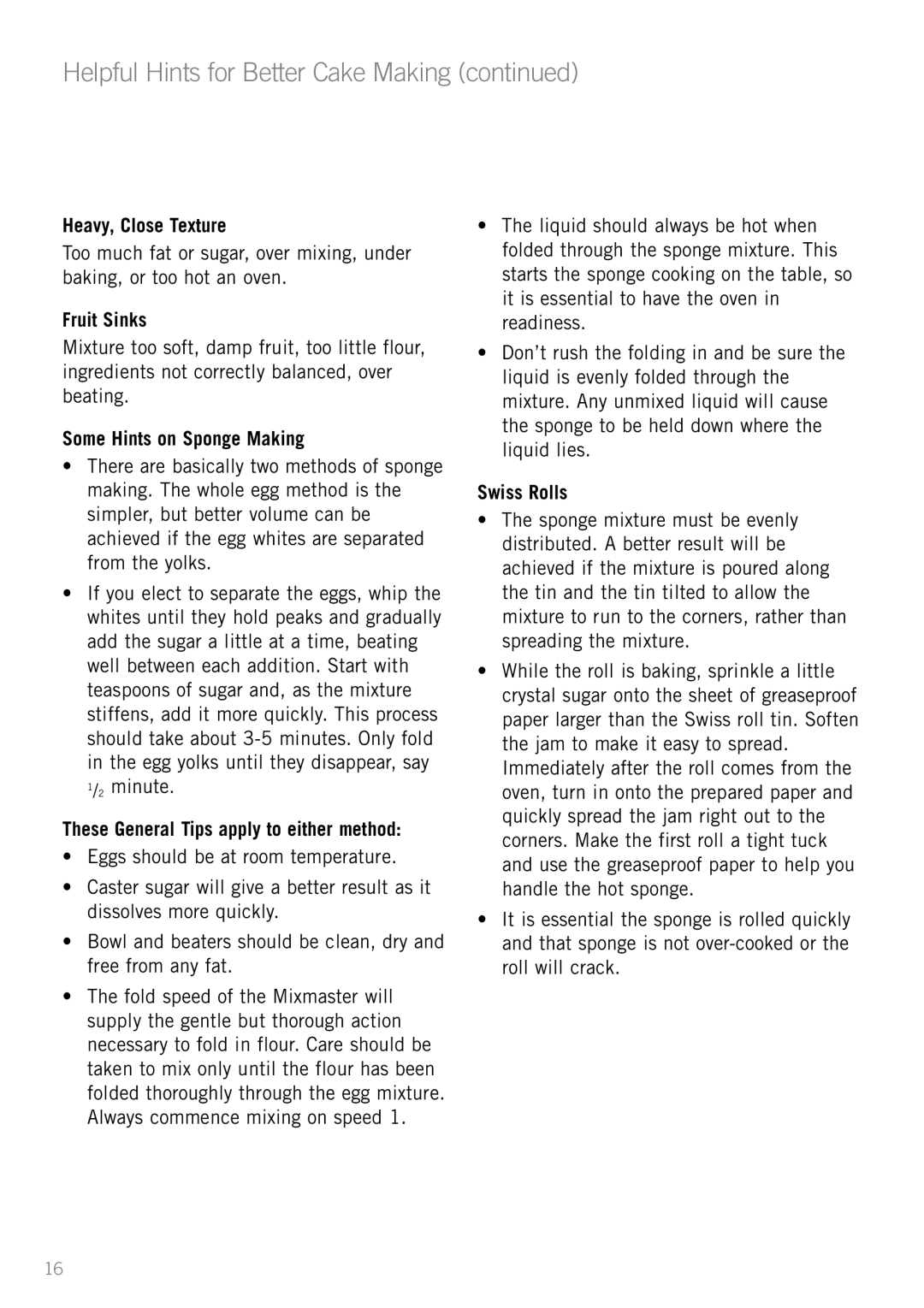 Sunbeam MX001 manual Helpful Hints for Better Cake Making 