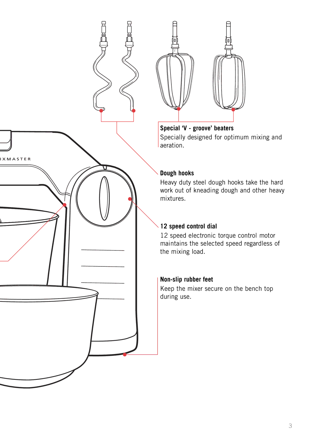 Sunbeam MX001 manual Special ‘V groove’ beaters, Dough hooks, Speed control dial, Non-slip rubber feet 