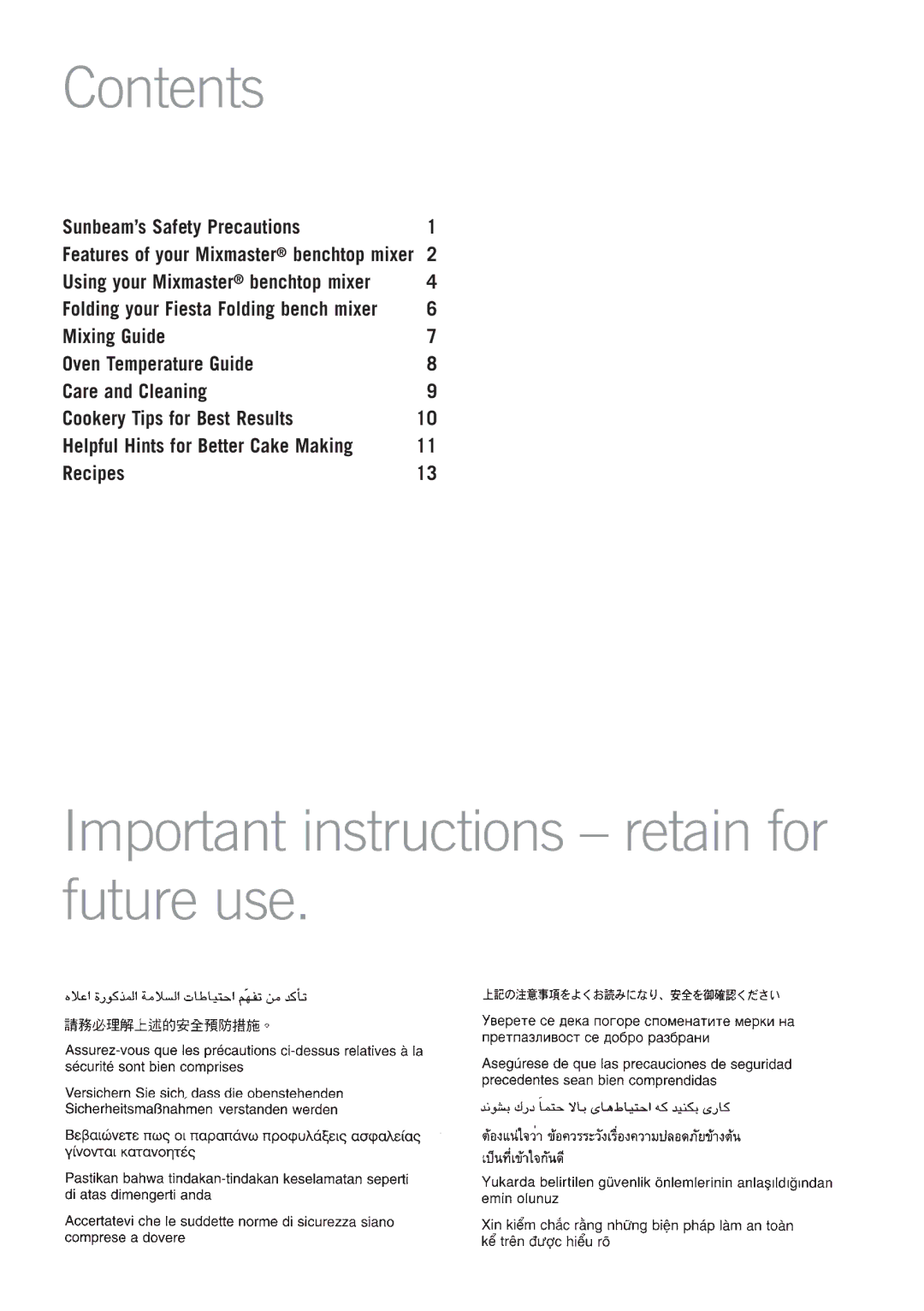 Sunbeam MX1000P, MX1000K manual Contents, Important instructions retain for future use 