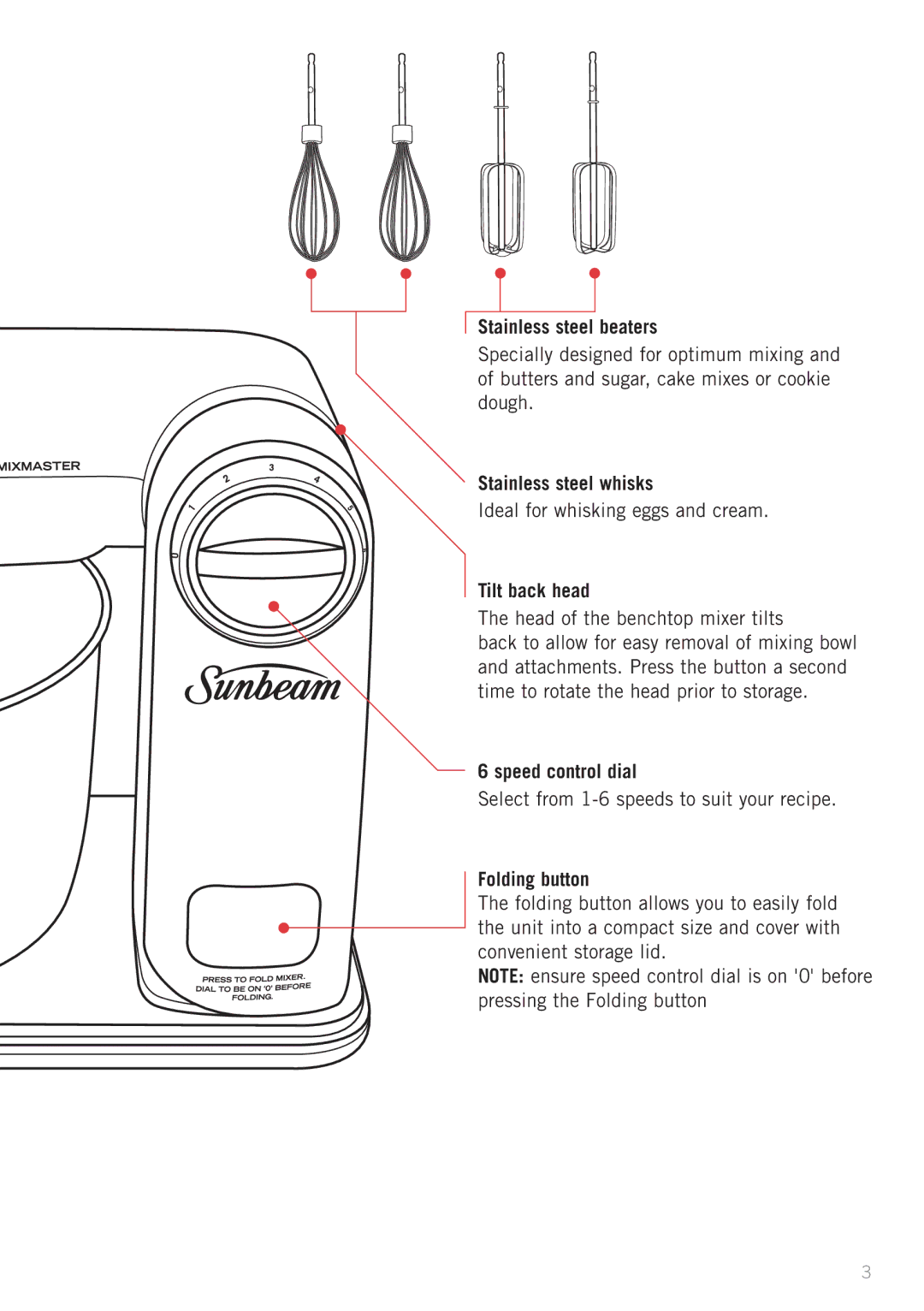 Sunbeam MX1000P manual Stainless steel beaters, Stainless steel whisks, Tilt back head, Speed control dial, Folding button 