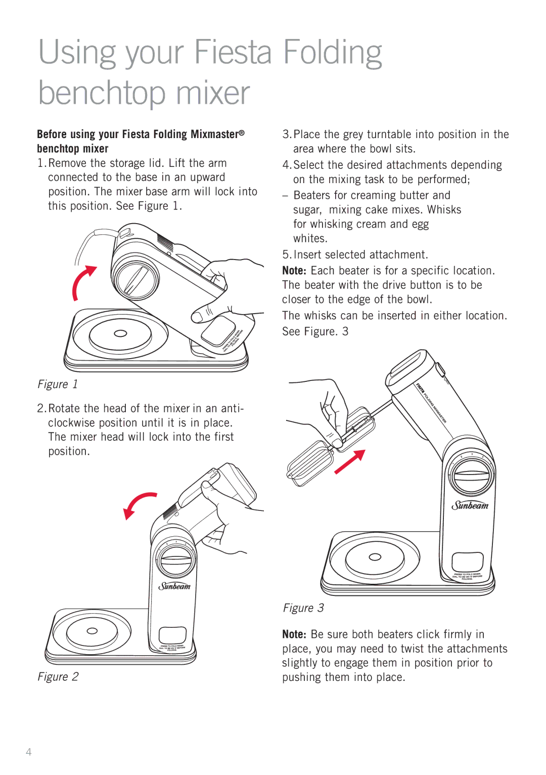 Sunbeam MX1000 manual Using your Fiesta Folding benchtop mixer, Before using your Fiesta Folding Mixmaster benchtop mixer 