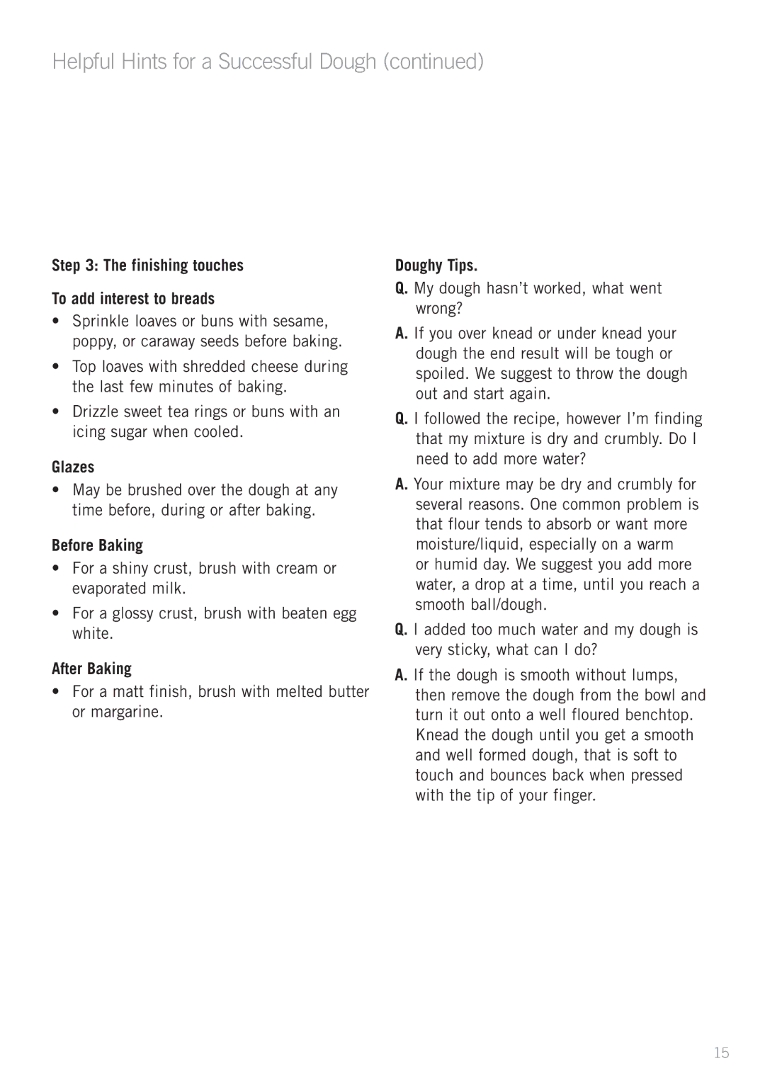 Sunbeam MX5950, MX5900 manual Finishing touches To add interest to breads, Glazes, Before Baking, After Baking, Doughy Tips 