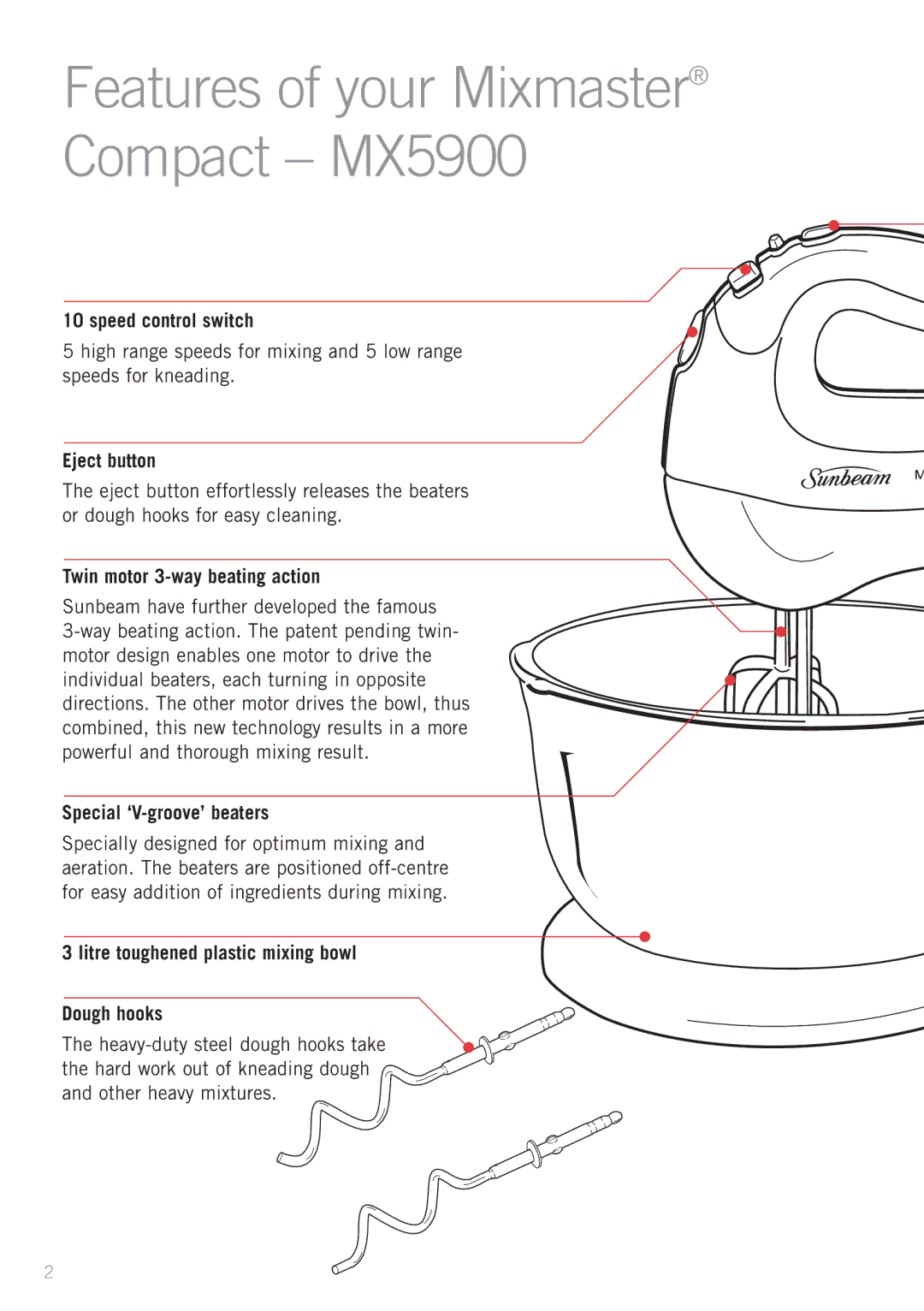 Sunbeam MX5900, MX5950 Speed control switch, Eject button, Twin motor 3-way beating action, Special ‘V-groove’ beaters 