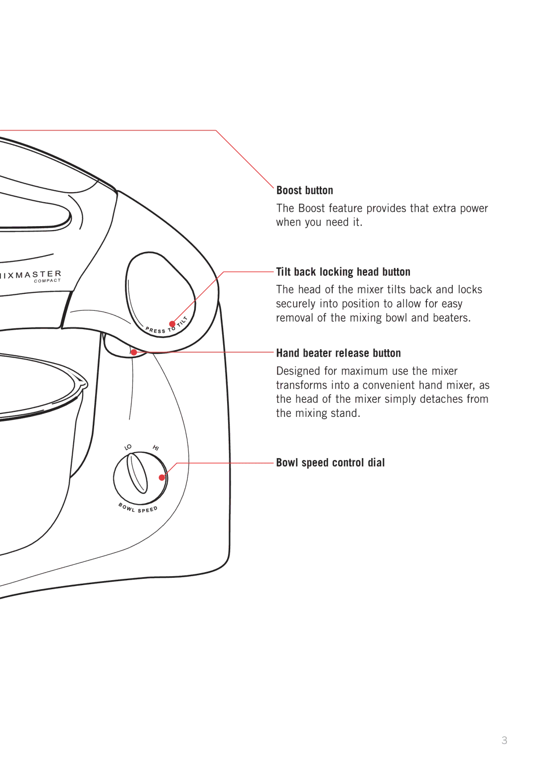 Sunbeam MX5950 manual Boost button, Boost feature provides that extra power when you need it, Tilt back locking head button 