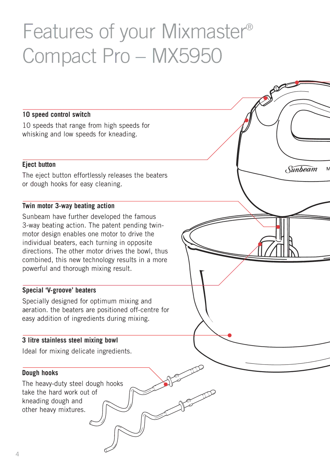 Sunbeam MX5900, MX5950 manual Litre stainless steel mixing bowl, Ideal for mixing delicate ingredients 