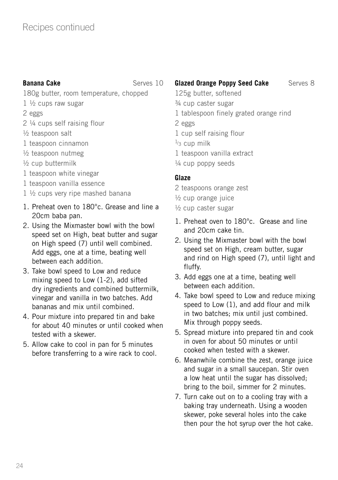 Sunbeam MX7700 manual Banana Cake, Preheat oven to 180c. Grease and line a 20cm baba pan, Glazed Orange Poppy Seed Cake 