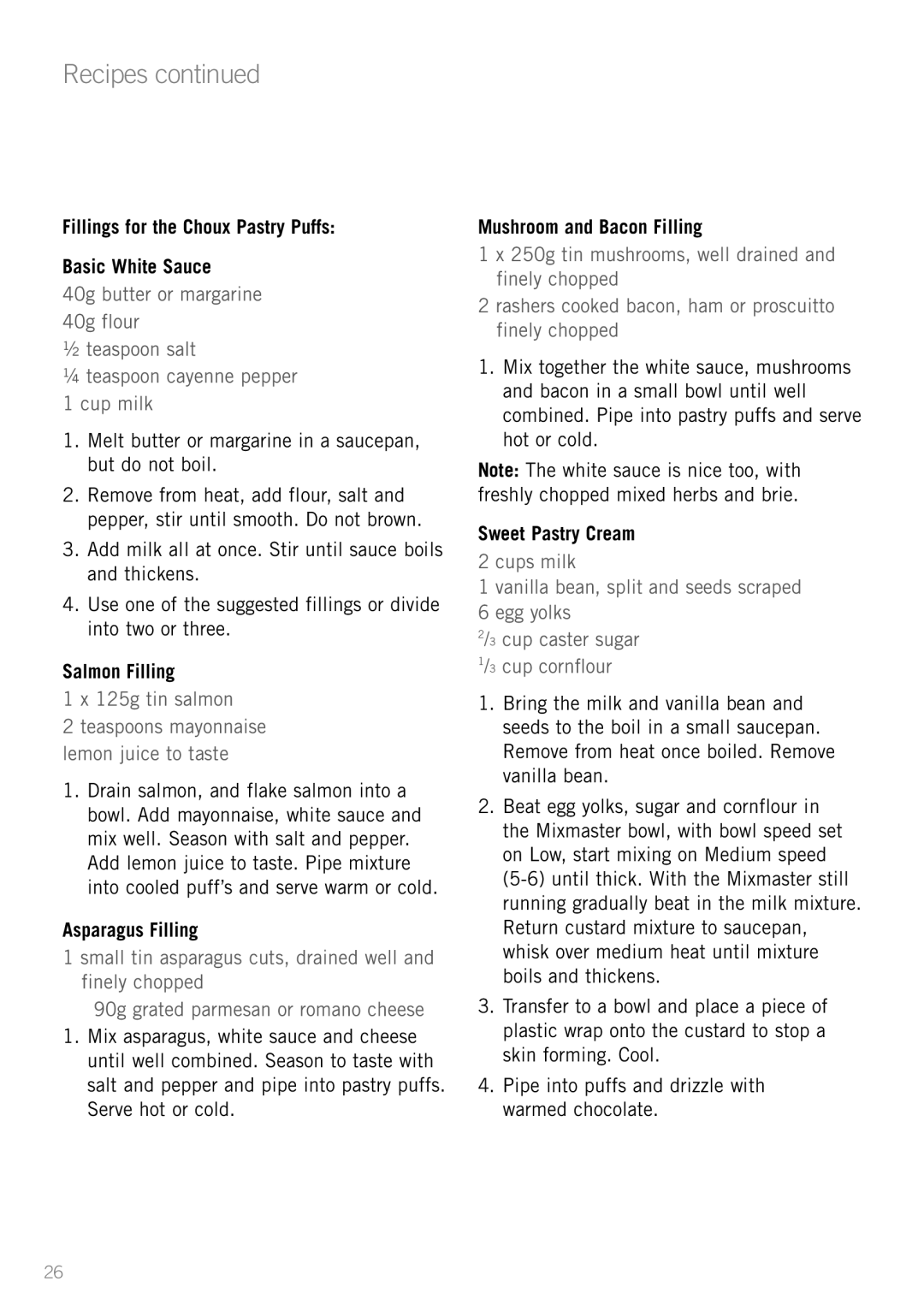 Sunbeam MX7700 manual Fillings for the Choux Pastry Puffs Basic White Sauce, Salmon Filling, Asparagus Filling 
