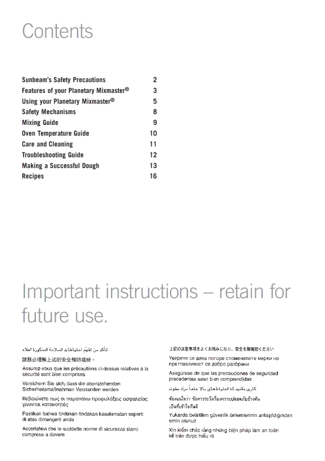 Sunbeam MX7900 manual Contents, Important instructions retain for future use 