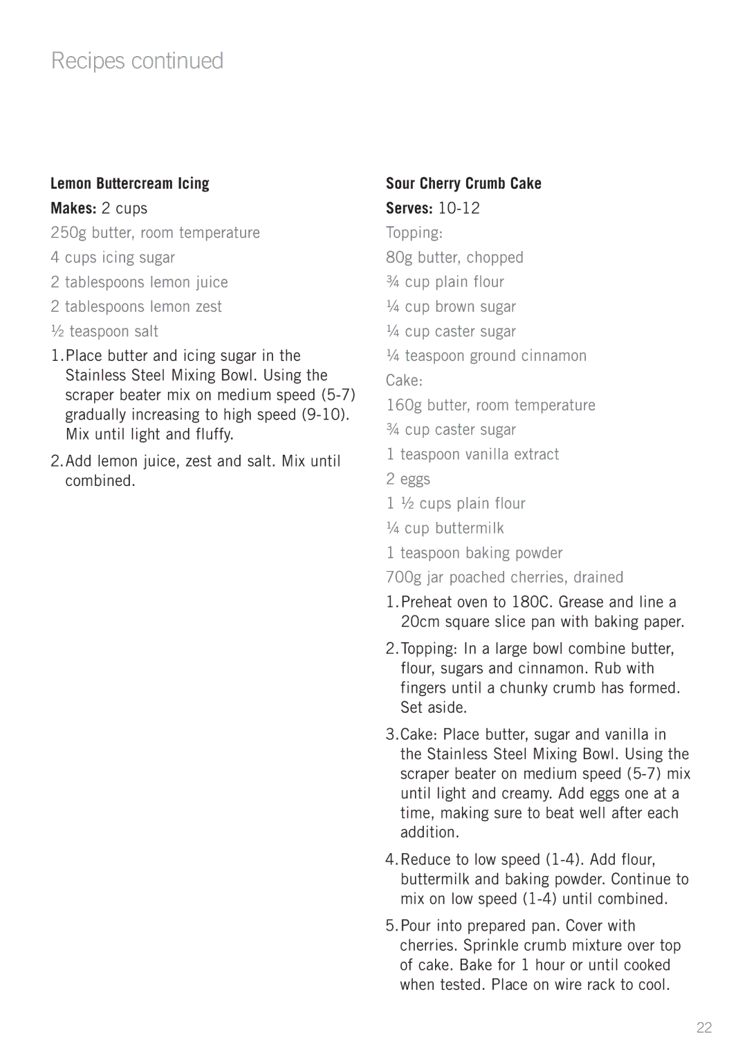 Sunbeam MX7900 manual Lemon Buttercream Icing Makes 2 cups, Sour Cherry Crumb Cake Serves 