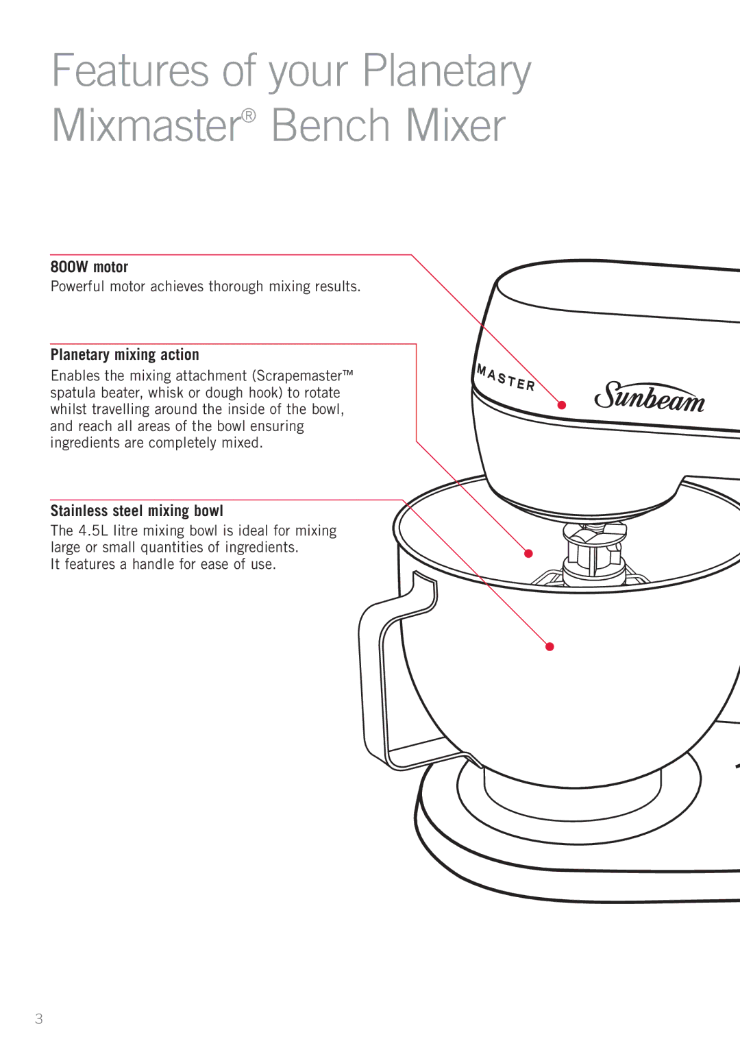 Sunbeam MX7900 manual 800W motor, Planetary mixing action, Stainless steel mixing bowl 