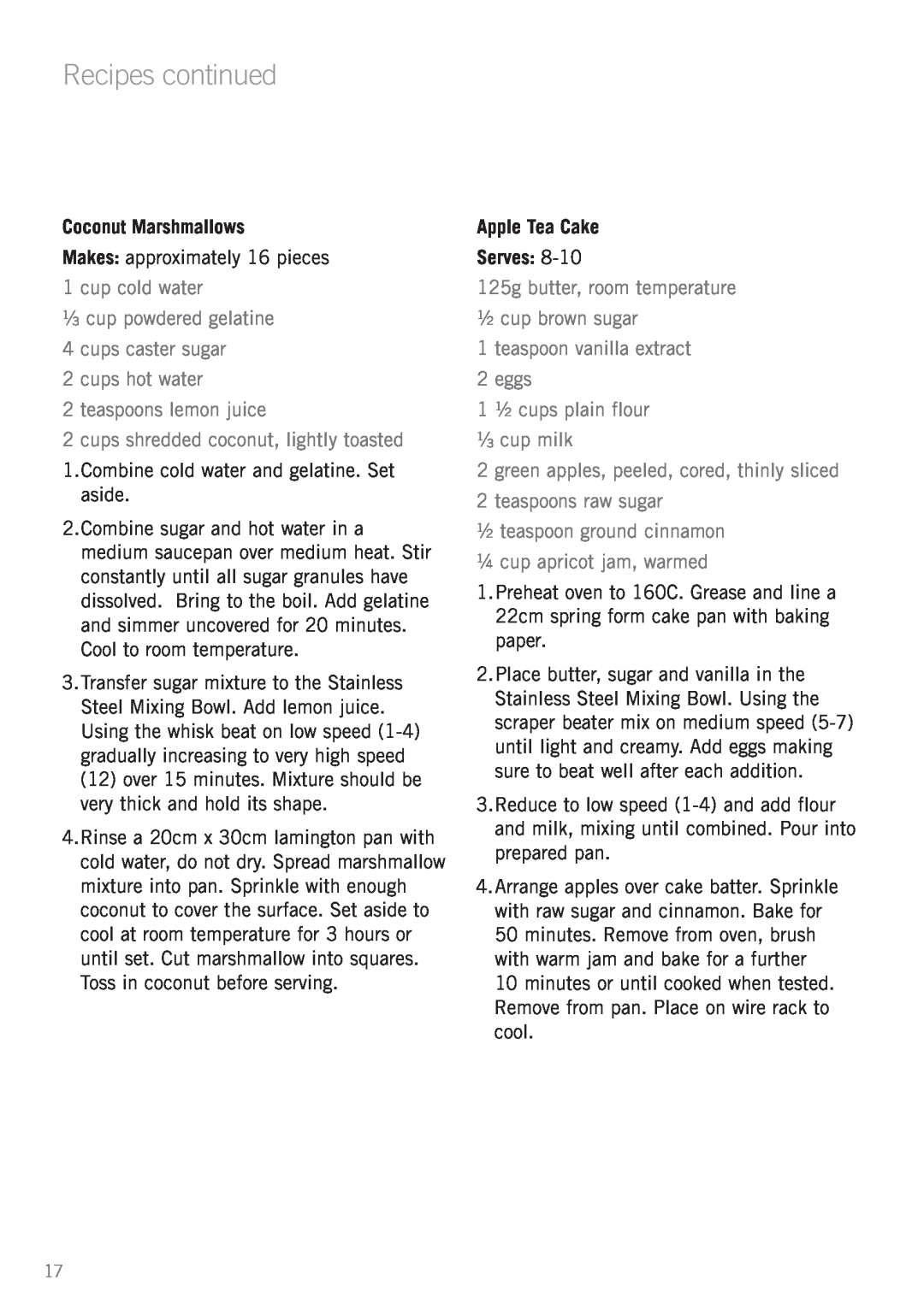 Sunbeam MX7900 Recipes continued, Coconut Marshmallows, cups hot water 2 teaspoons lemon juice, Apple Tea Cake Serves 
