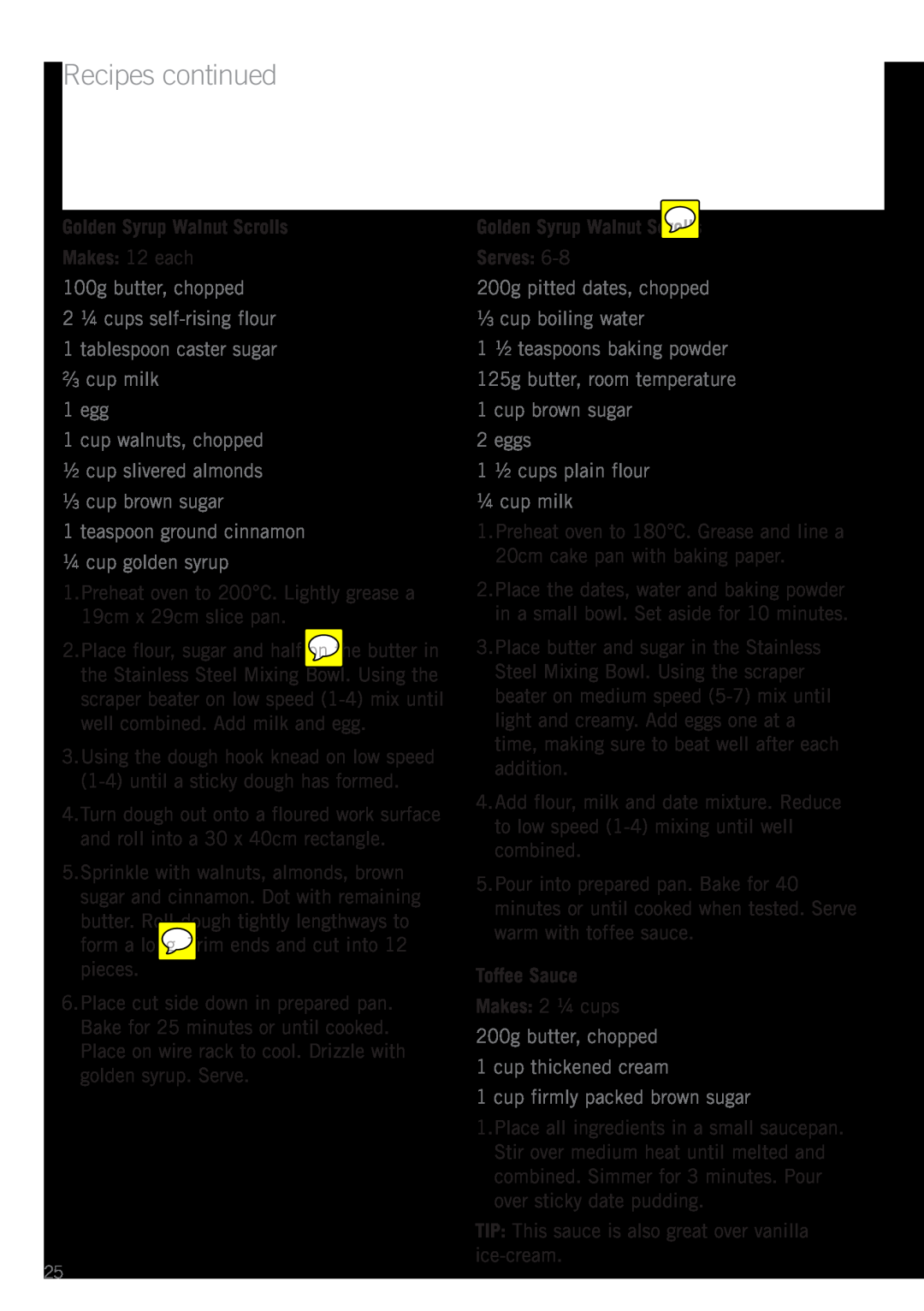 Sunbeam MX7900 Golden Syrup Walnut Scrolls Makes 12 each, 100g butter, chopped 2 ¼ cups self-rising flour, Toffee Sauce 