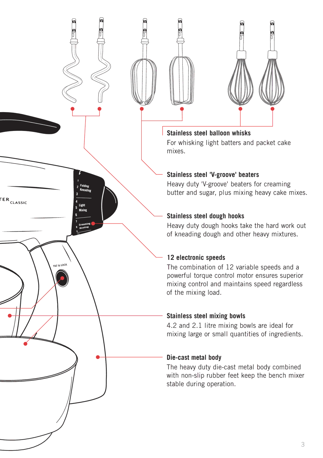 Sunbeam MX8500W, MX8500R Stainless steel balloon whisks, Stainless steel V-groove beaters, Stainless steel dough hooks 