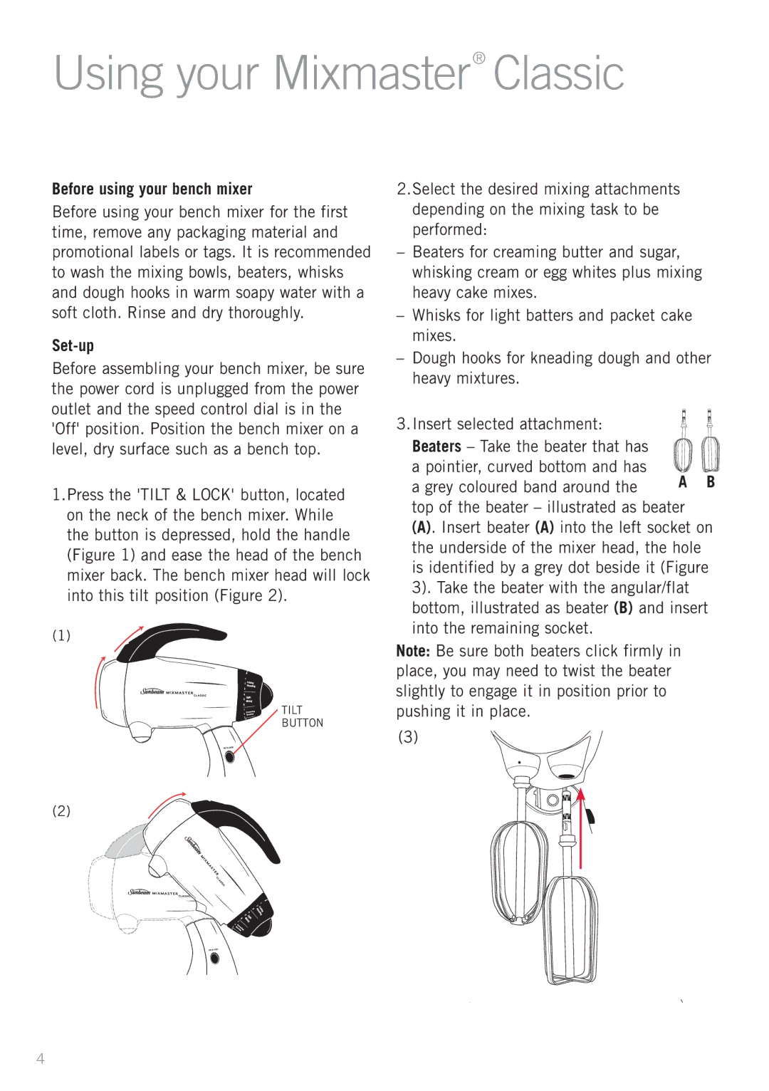 Sunbeam MX8500Y, MX8500R, MX8500W manual Using your Mixmaster Classic, Before using your bench mixer, Set-up 