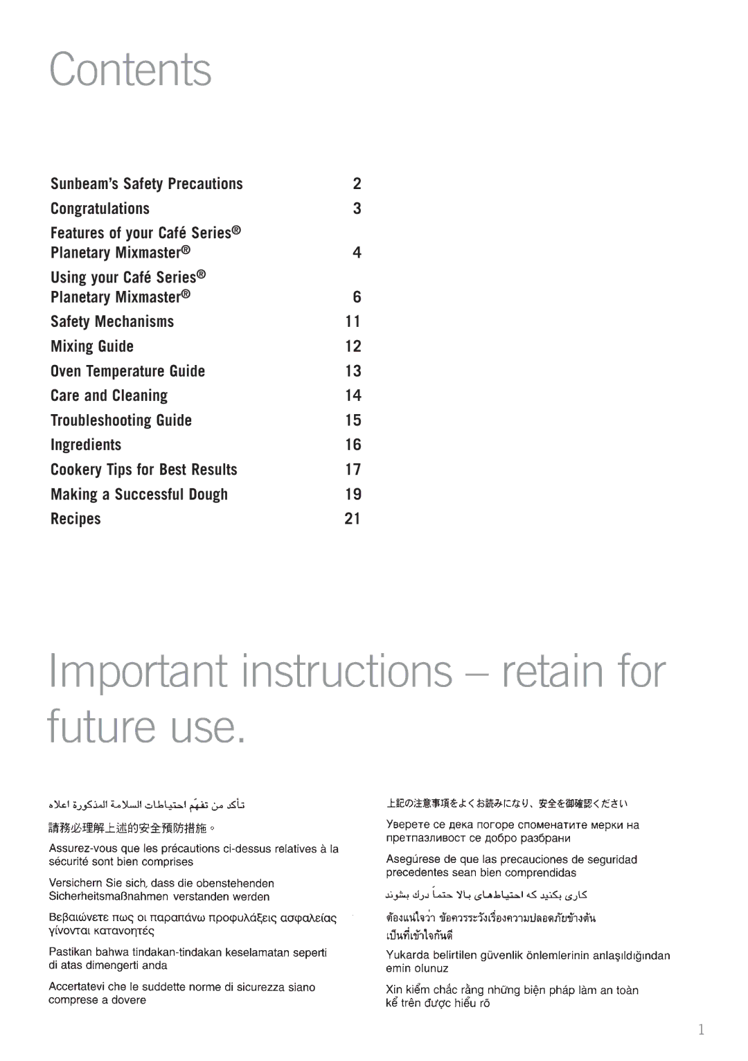 Sunbeam MX9200 manual Contents, Important instructions retain for future use 